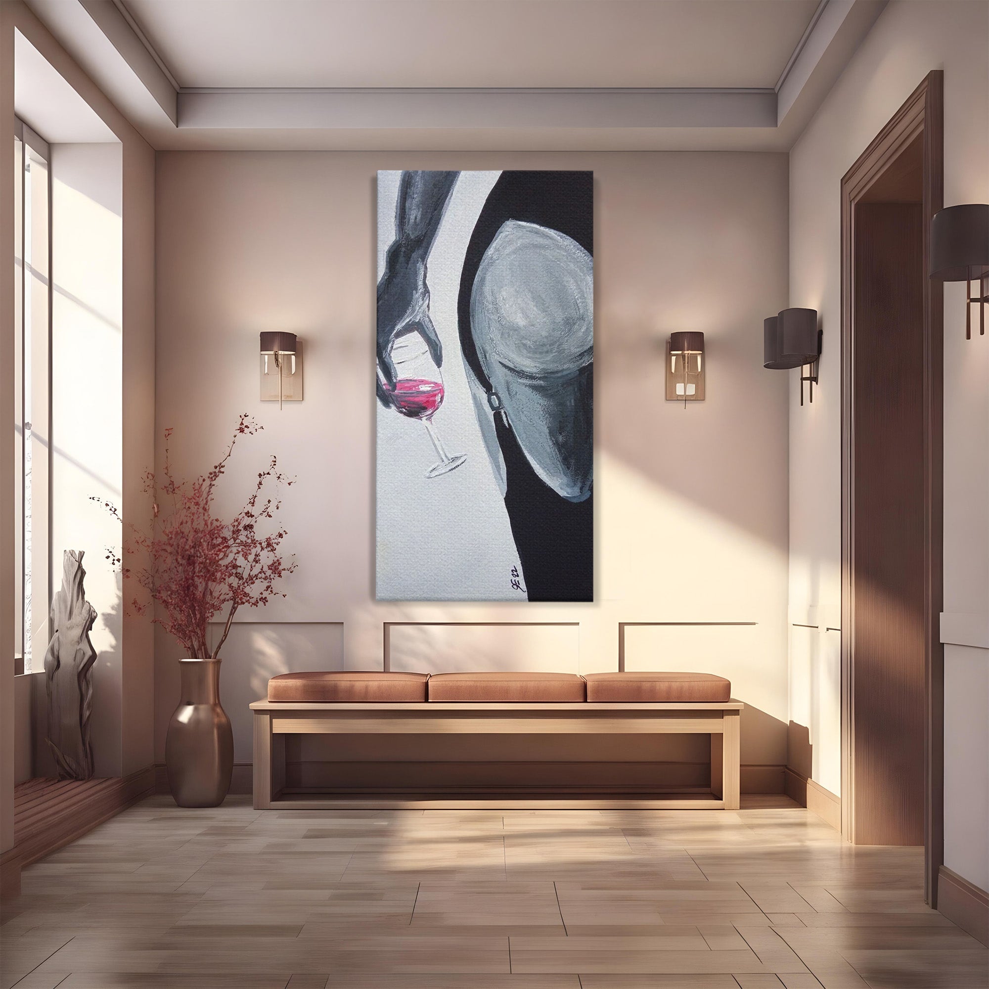 Tablou Canvas Premium LuxCanva® PI1033, Silhouette Eleganta, Pahar, Vin, Arta Abstracta, Femininitate, Sensualitate, Dormitor, Culori Vibrante