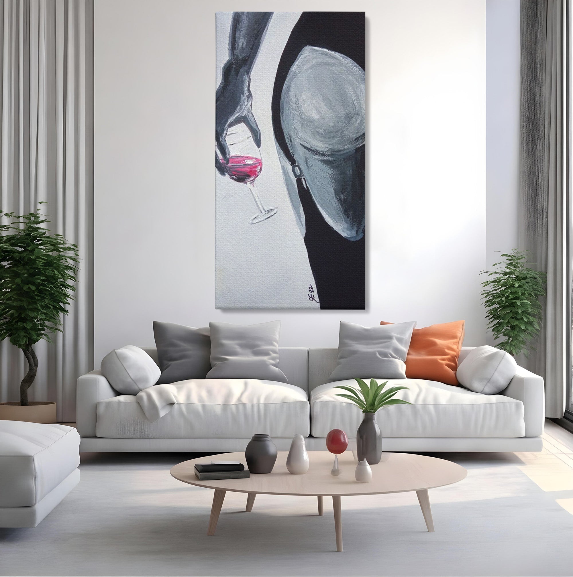 Tablou Canvas Premium LuxCanva® PI1033, Silhouette Eleganta, Pahar, Vin, Arta Abstracta, Femininitate, Sensualitate, Dormitor, Culori Vibrante
