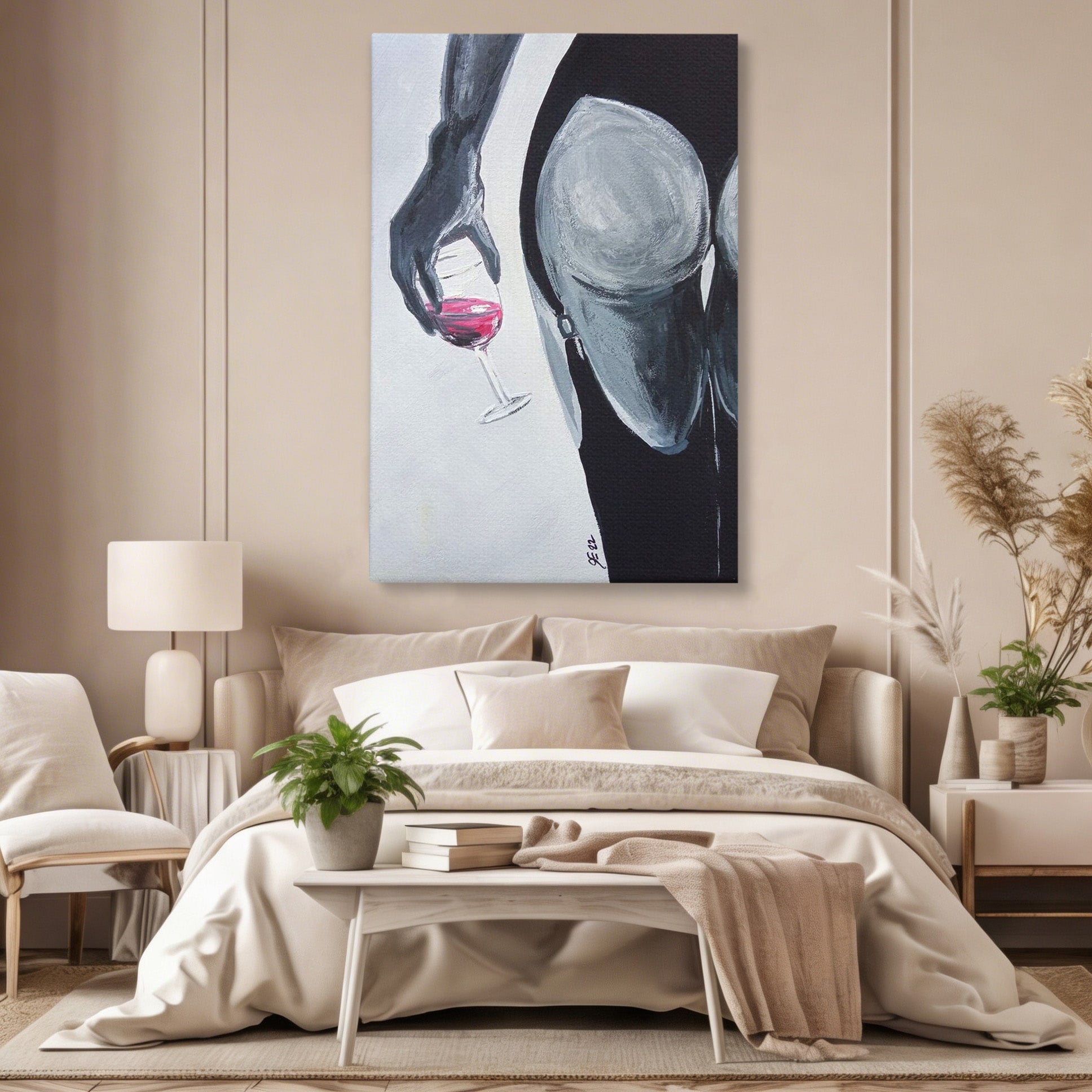 Tablou Canvas Premium LuxCanva® PI1033, Silhouette Eleganta, Pahar, Vin, Arta Abstracta, Femininitate, Sensualitate, Dormitor, Culori Vibrante