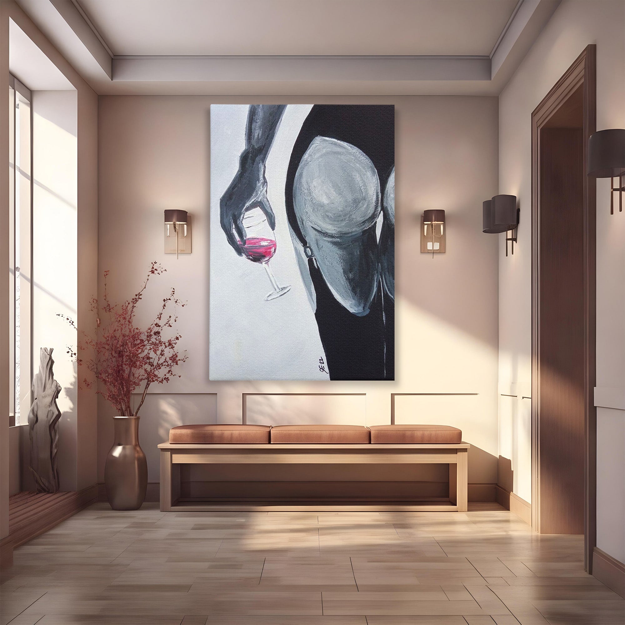 Tablou Canvas Premium LuxCanva® PI1033, Silhouette Eleganta, Pahar, Vin, Arta Abstracta, Femininitate, Sensualitate, Dormitor, Culori Vibrante