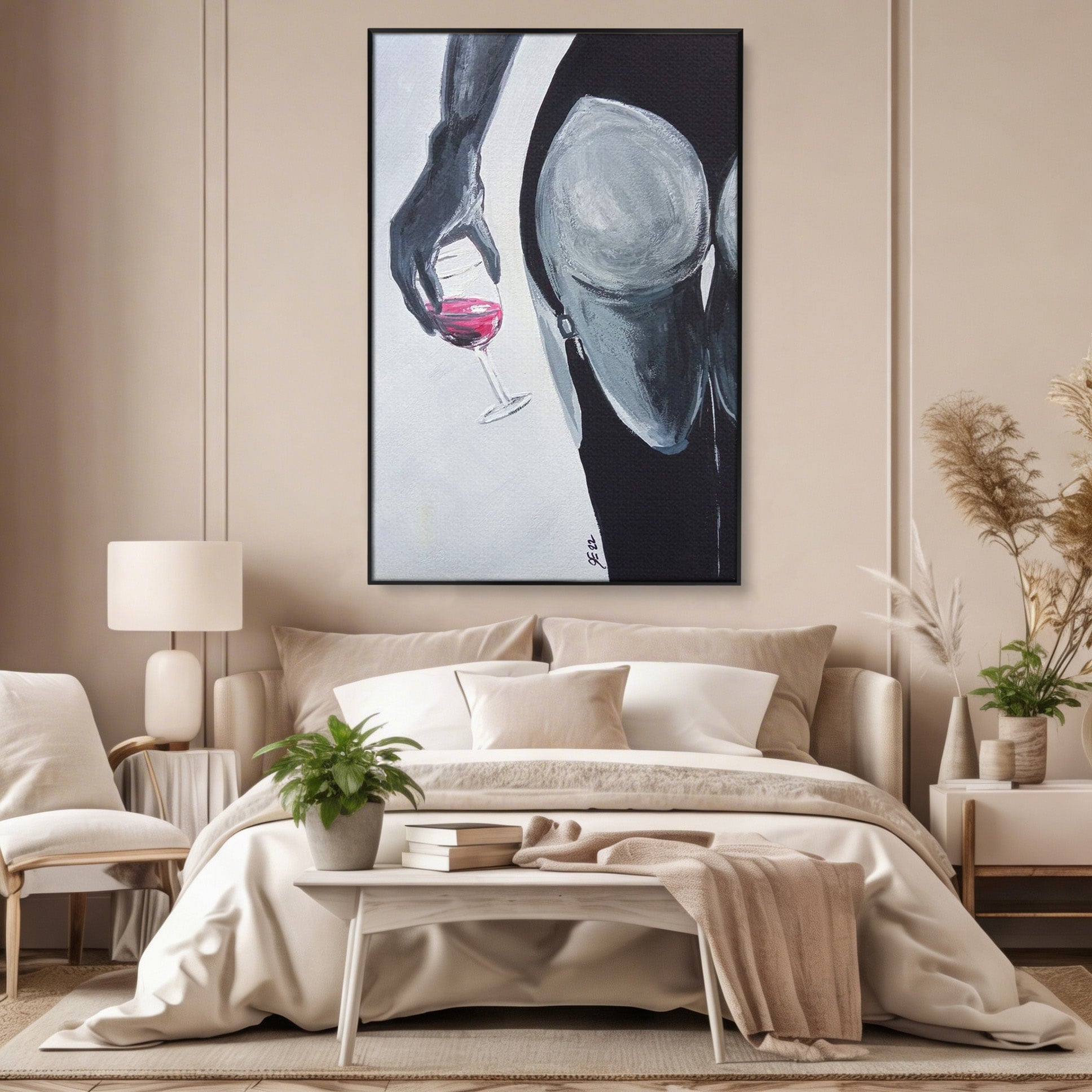 Tablou Canvas Premium LuxCanva® PI1033, Silhouette Eleganta, Pahar, Vin, Arta Abstracta, Femininitate, Sensualitate, Dormitor, Culori Vibrante