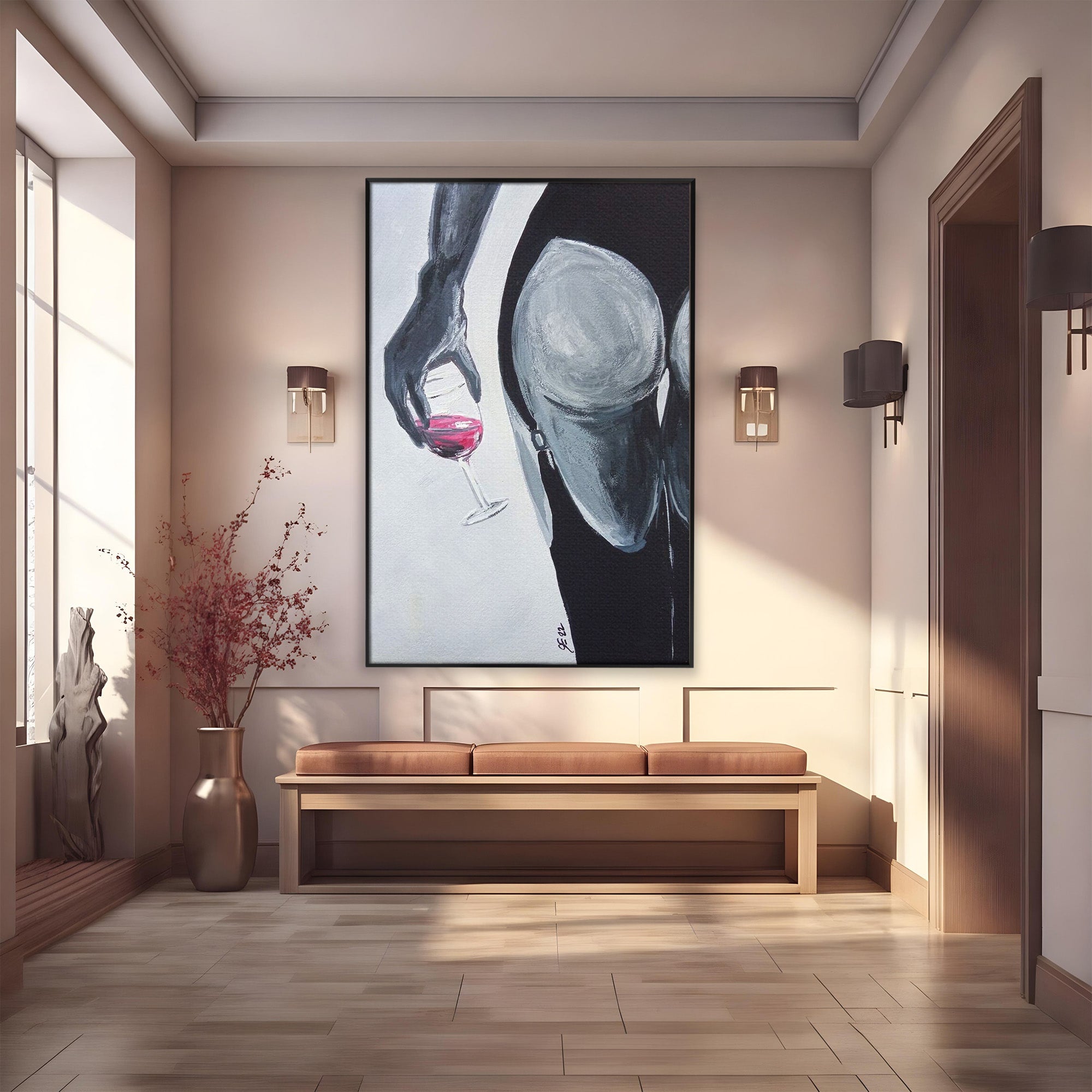 Tablou Canvas Premium LuxCanva® PI1033, Silhouette Eleganta, Pahar, Vin, Arta Abstracta, Femininitate, Sensualitate, Dormitor, Culori Vibrante