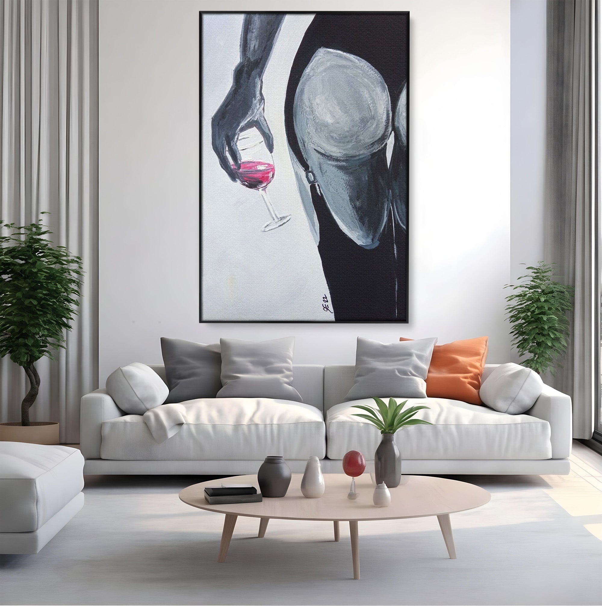 Tablou Canvas Premium LuxCanva® PI1033, Silhouette Eleganta, Pahar, Vin, Arta Abstracta, Femininitate, Sensualitate, Dormitor, Culori Vibrante