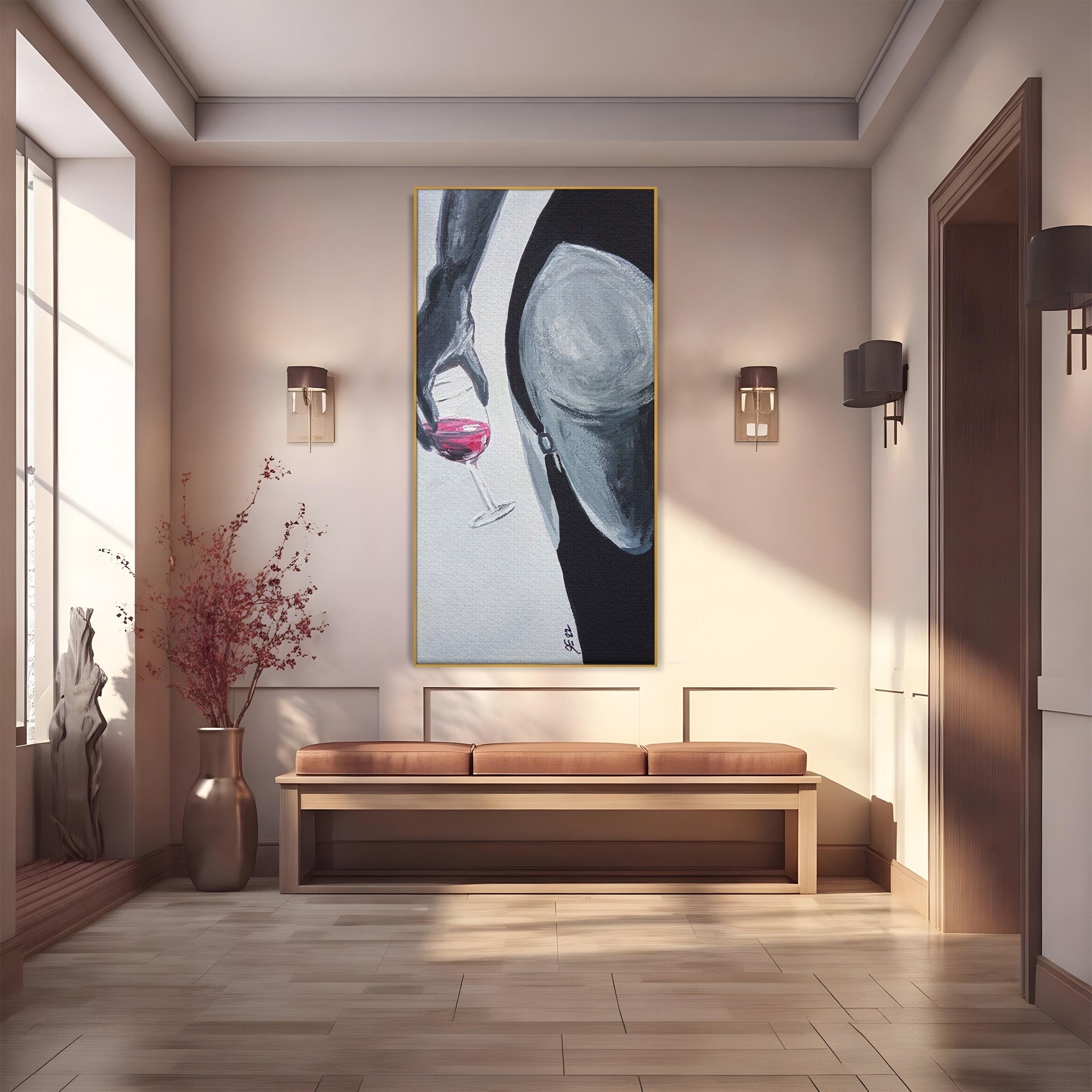 Tablou Canvas Premium LuxCanva® PI1033, Silhouette Eleganta, Pahar, Vin, Arta Abstracta, Femininitate, Sensualitate, Dormitor, Culori Vibrante