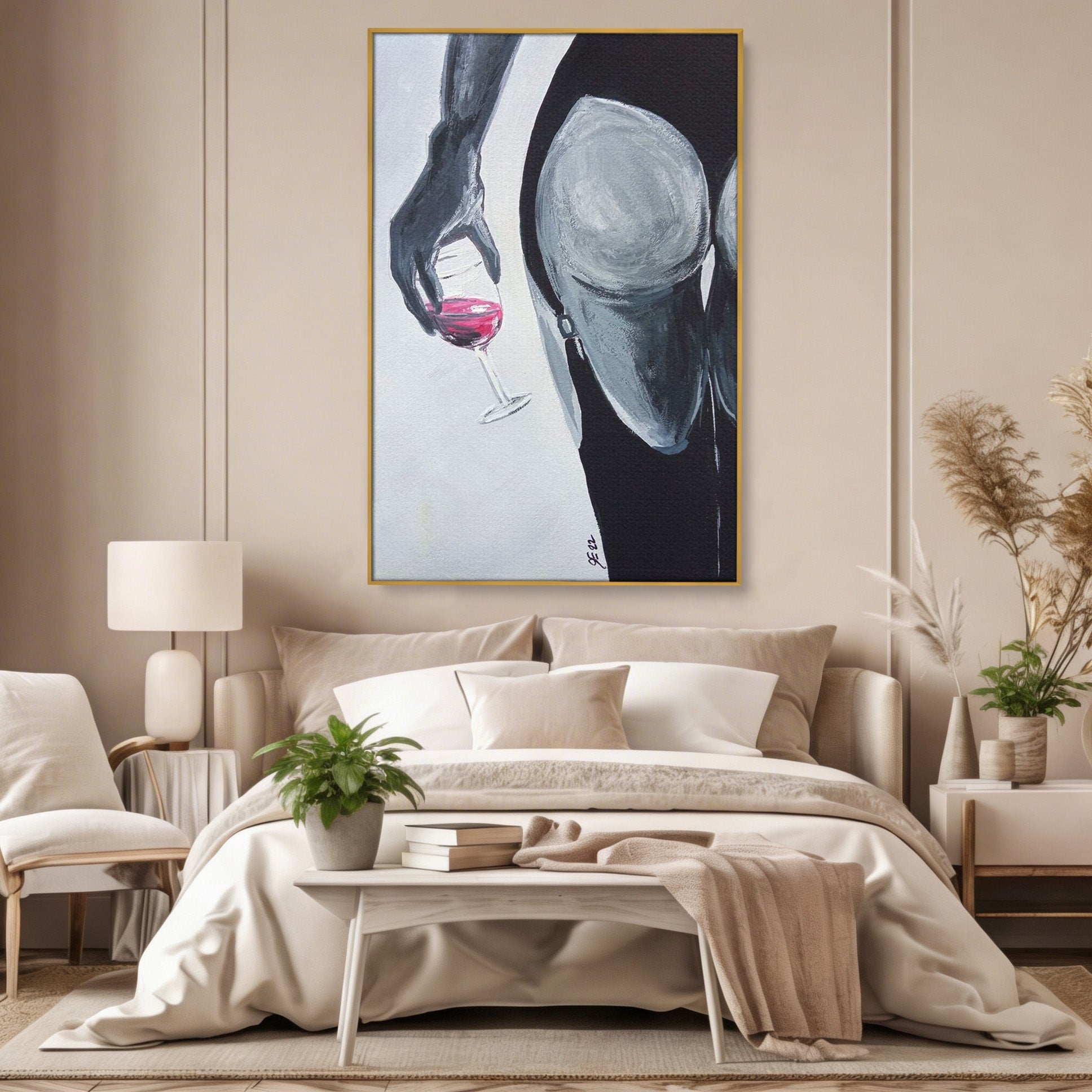 Tablou Canvas Premium LuxCanva® PI1033, Silhouette Eleganta, Pahar, Vin, Arta Abstracta, Femininitate, Sensualitate, Dormitor, Culori Vibrante