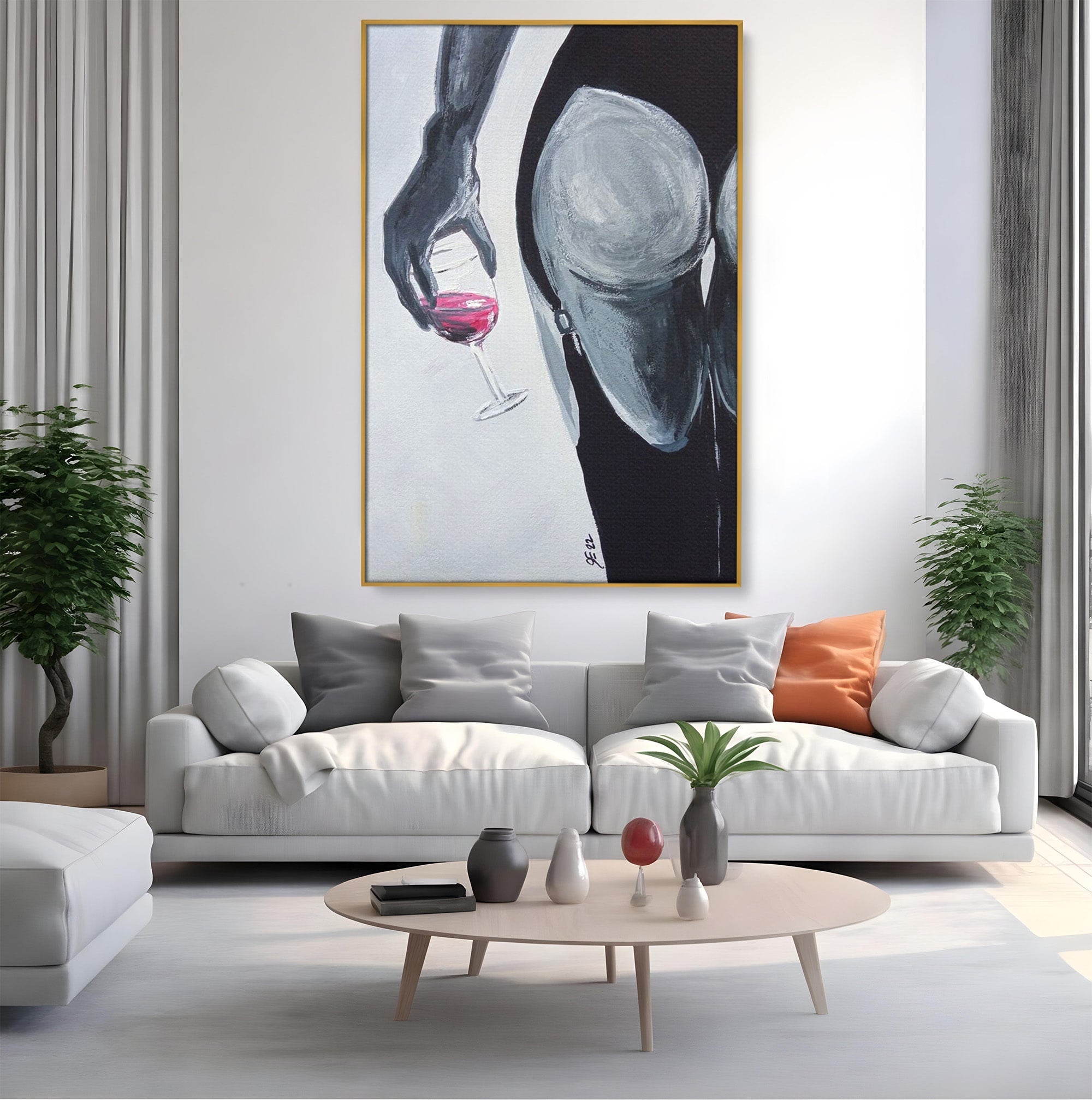 Tablou Canvas Premium LuxCanva® PI1033, Silhouette Eleganta, Pahar, Vin, Arta Abstracta, Femininitate, Sensualitate, Dormitor, Culori Vibrante