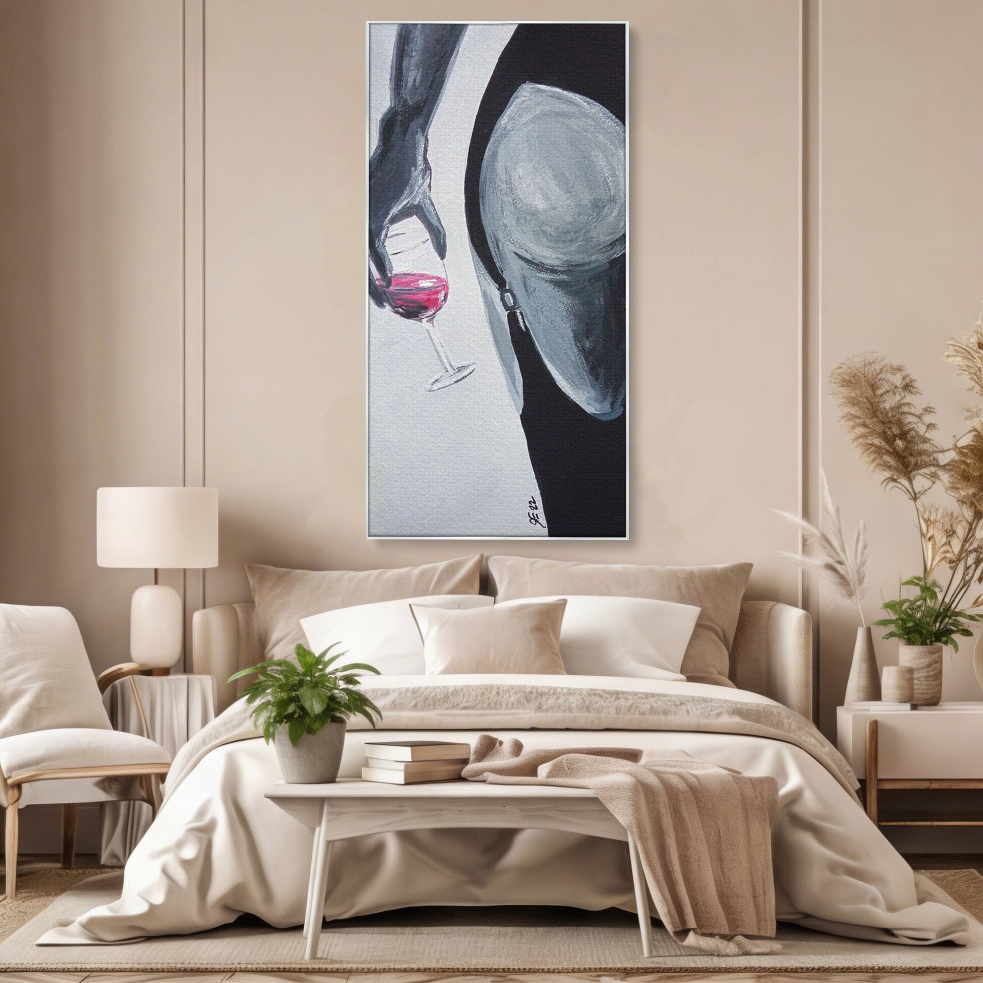 Tablou Canvas Premium LuxCanva® PI1033, Silhouette Eleganta, Pahar, Vin, Arta Abstracta, Femininitate, Sensualitate, Dormitor, Culori Vibrante