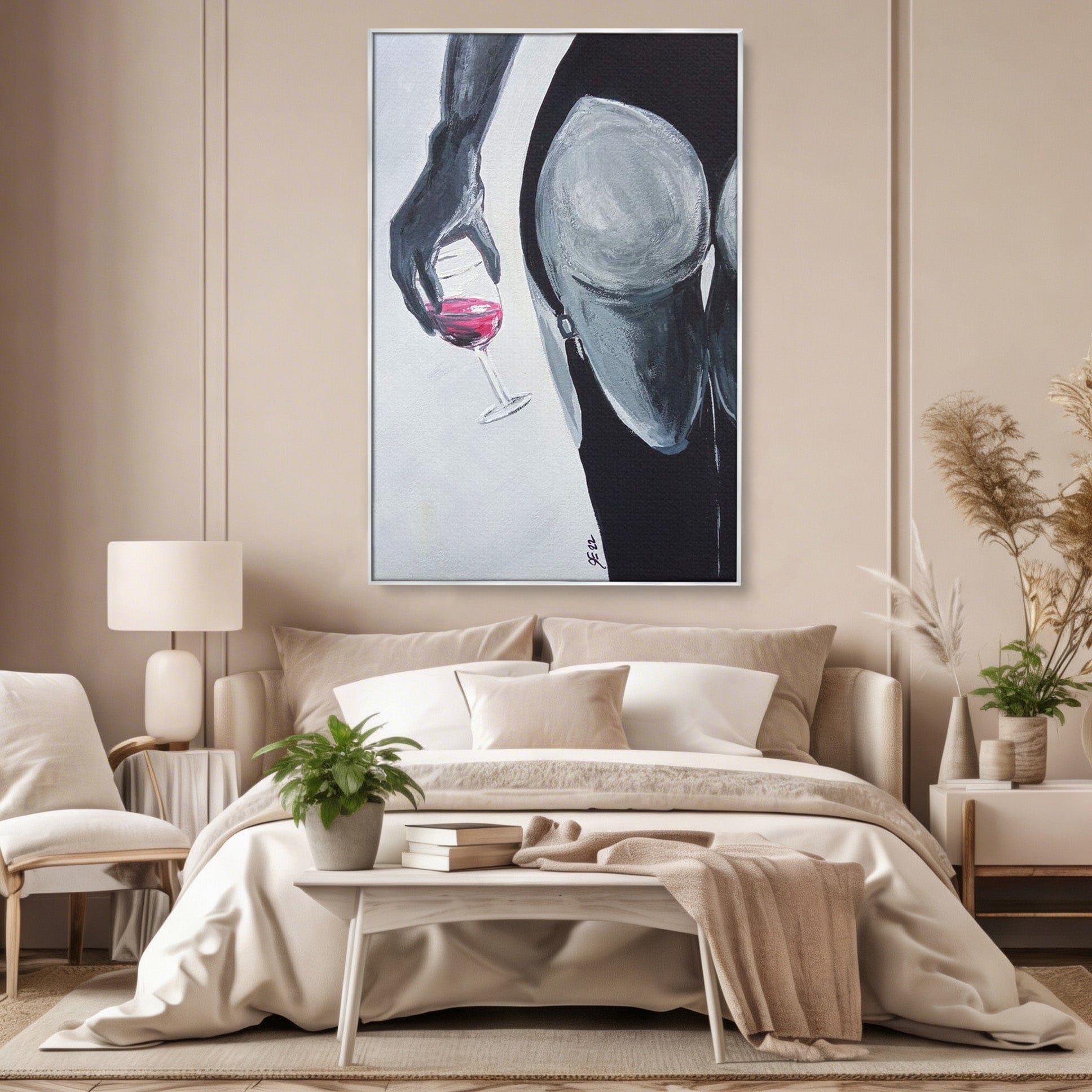 Tablou Canvas Premium LuxCanva® PI1033, Silhouette Eleganta, Pahar, Vin, Arta Abstracta, Femininitate, Sensualitate, Dormitor, Culori Vibrante
