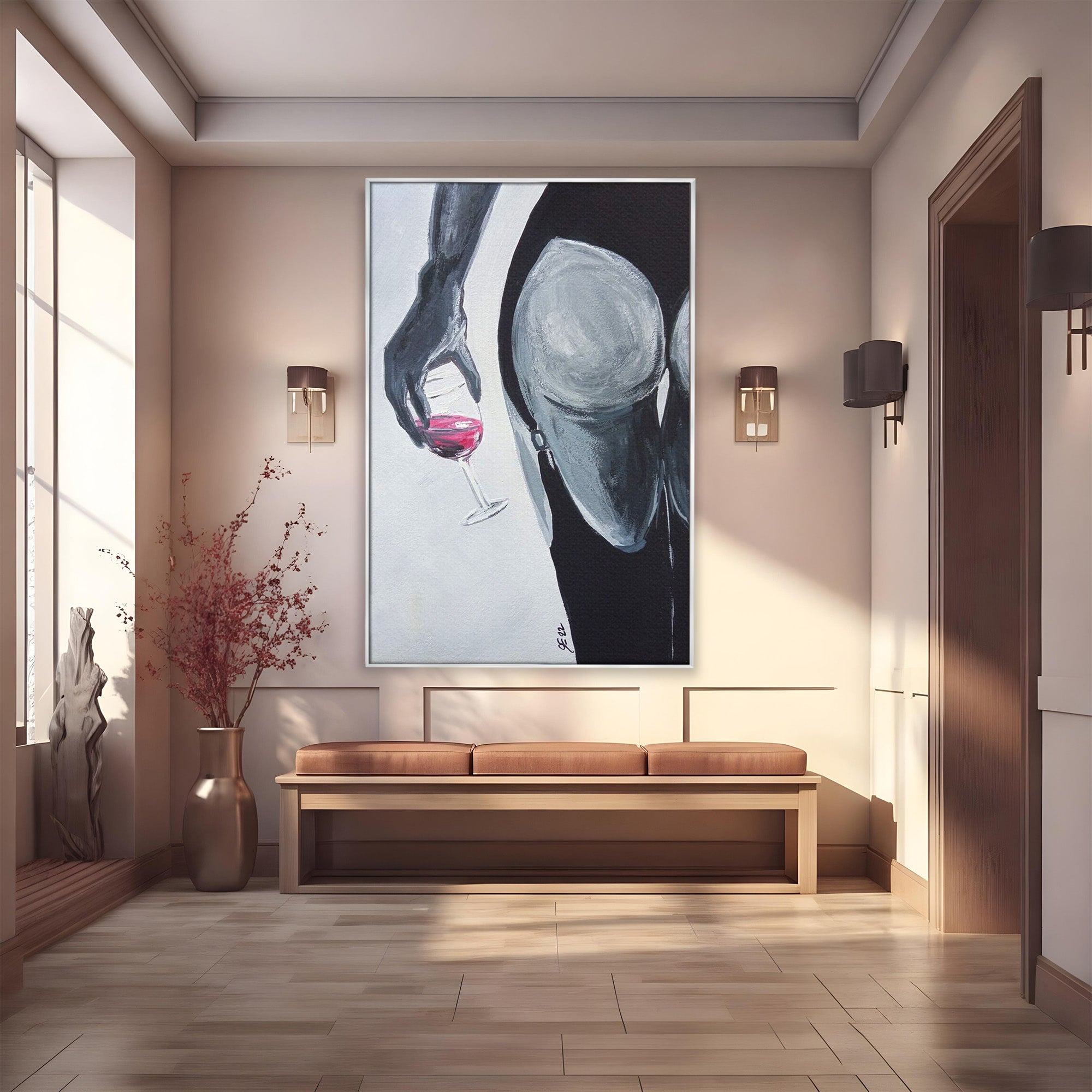 Tablou Canvas Premium LuxCanva® PI1033, Silhouette Eleganta, Pahar, Vin, Arta Abstracta, Femininitate, Sensualitate, Dormitor, Culori Vibrante