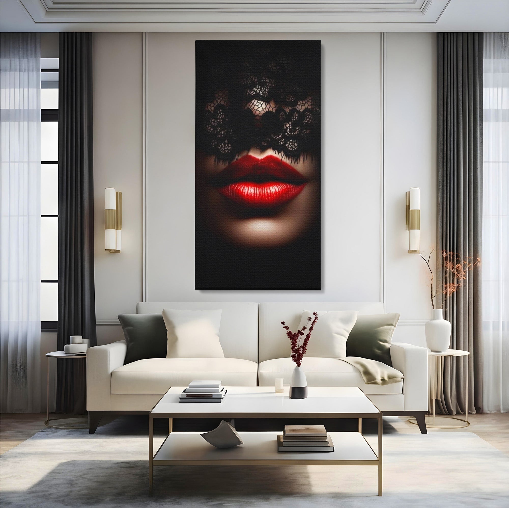 Tablou Canvas Premium LuxCanva® PI1036, Misterul Buzei Rosii, Portret, Mister, Eleganta, Moda, Dormitor, Culori Vibrante