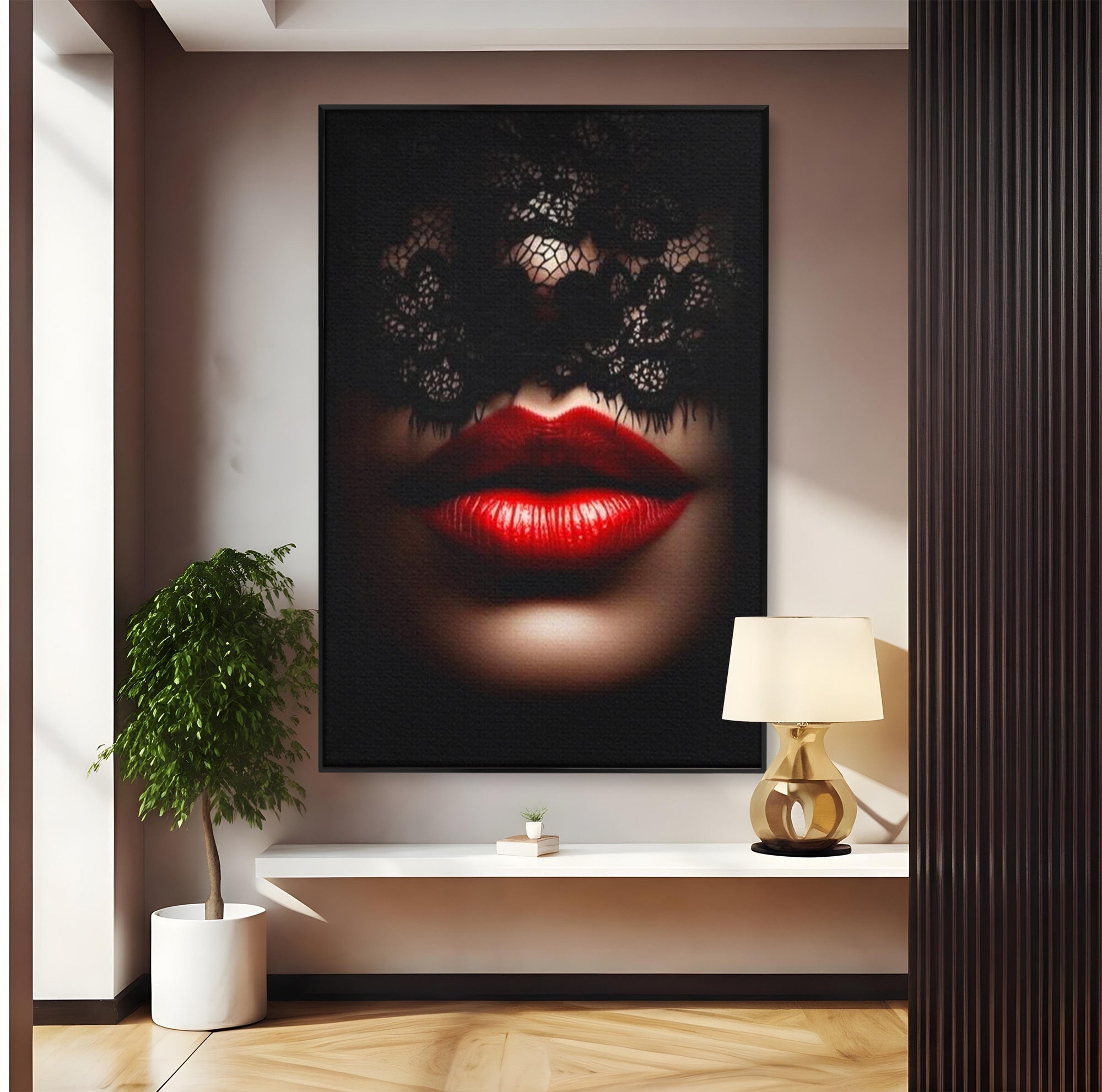 Tablou Canvas Premium LuxCanva® PI1036, Misterul Buzei Rosii, Portret, Mister, Eleganta, Moda, Dormitor, Culori Vibrante