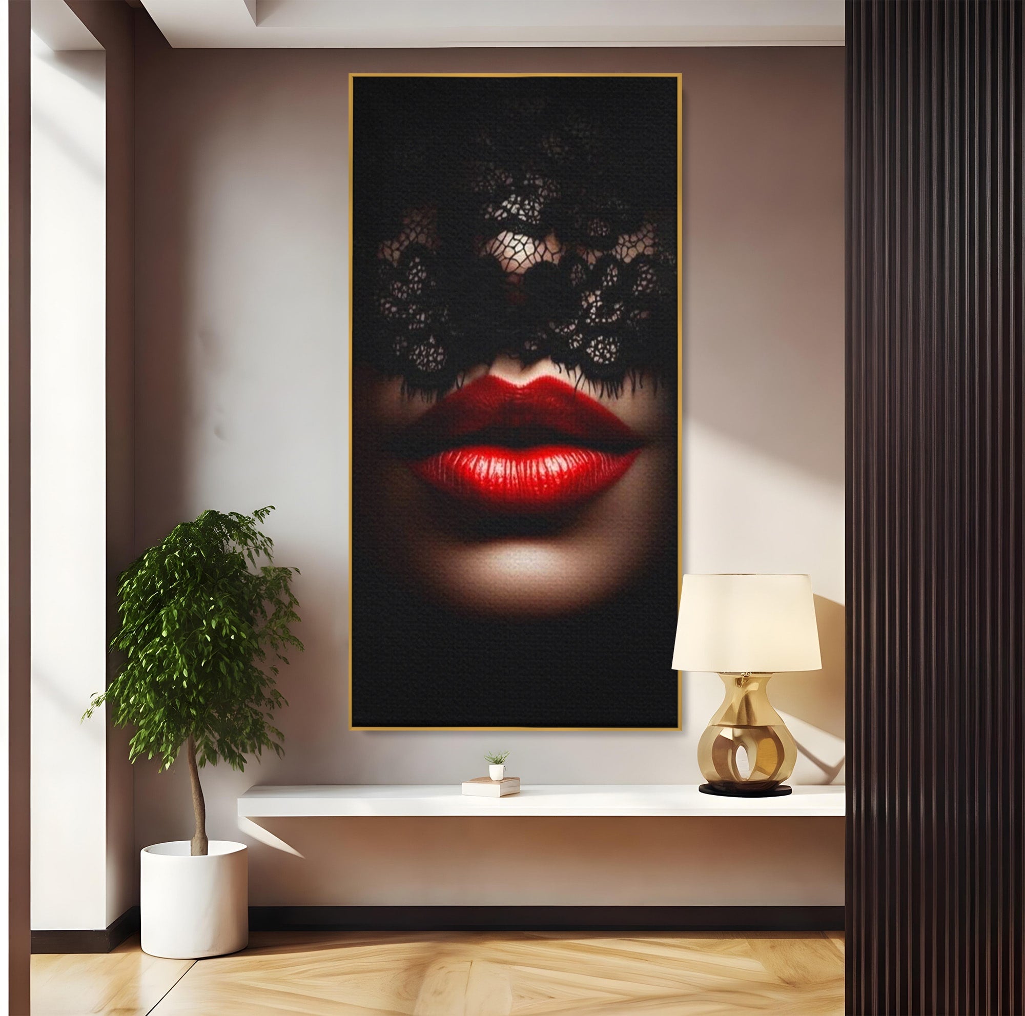 Tablou Canvas Premium LuxCanva® PI1036, Misterul Buzei Rosii, Portret, Mister, Eleganta, Moda, Dormitor, Culori Vibrante