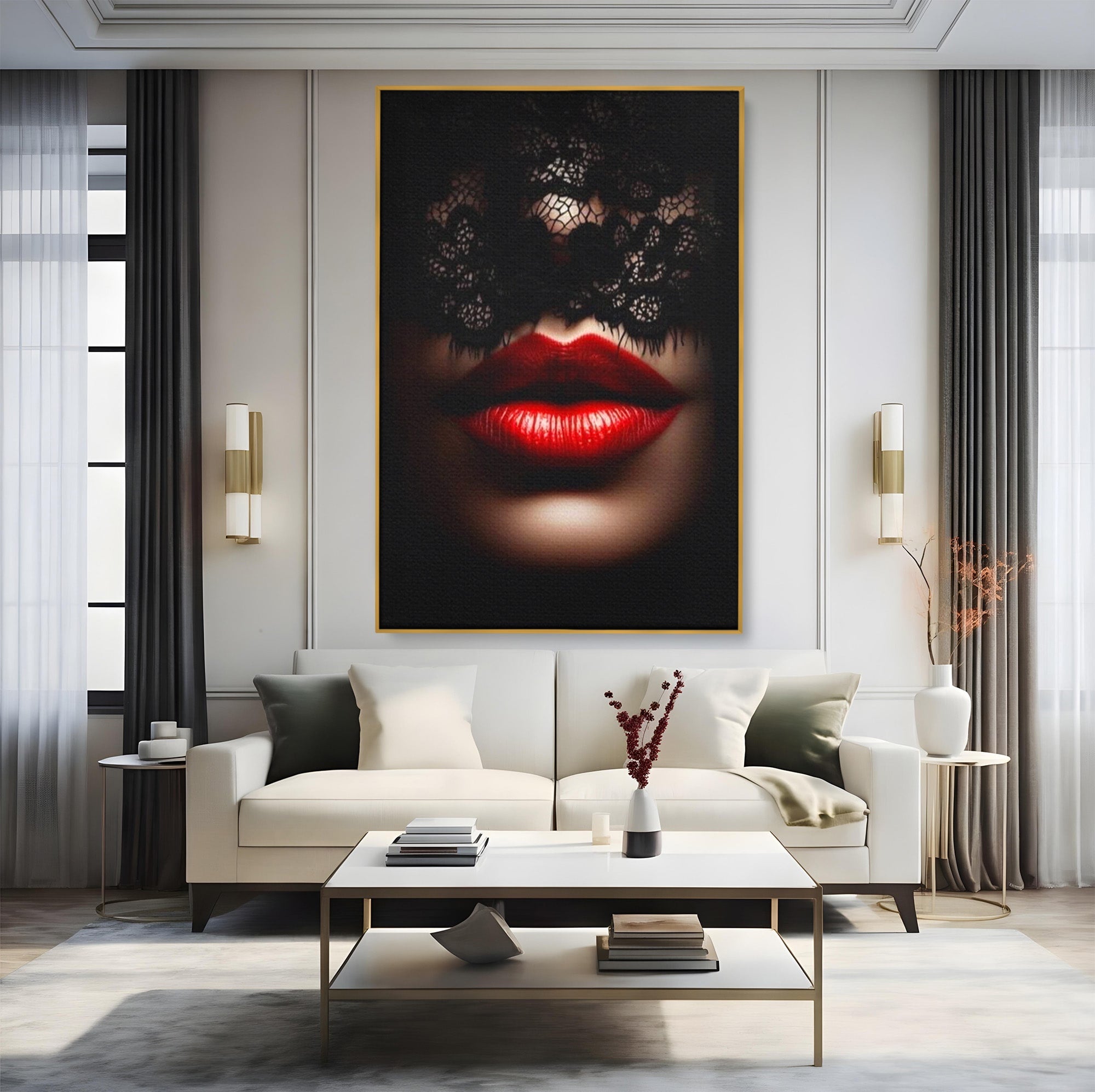 Tablou Canvas Premium LuxCanva® PI1036, Misterul Buzei Rosii, Portret, Mister, Eleganta, Moda, Dormitor, Culori Vibrante