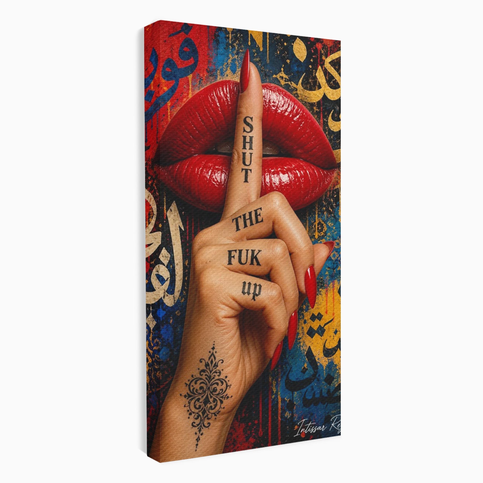 Tablou Canvas Premium LuxCanva® PI1037, Tacerea Rosie, Buze, Maini, Arta Urbana, Mesaj, Dormitor, Culori Vibrante