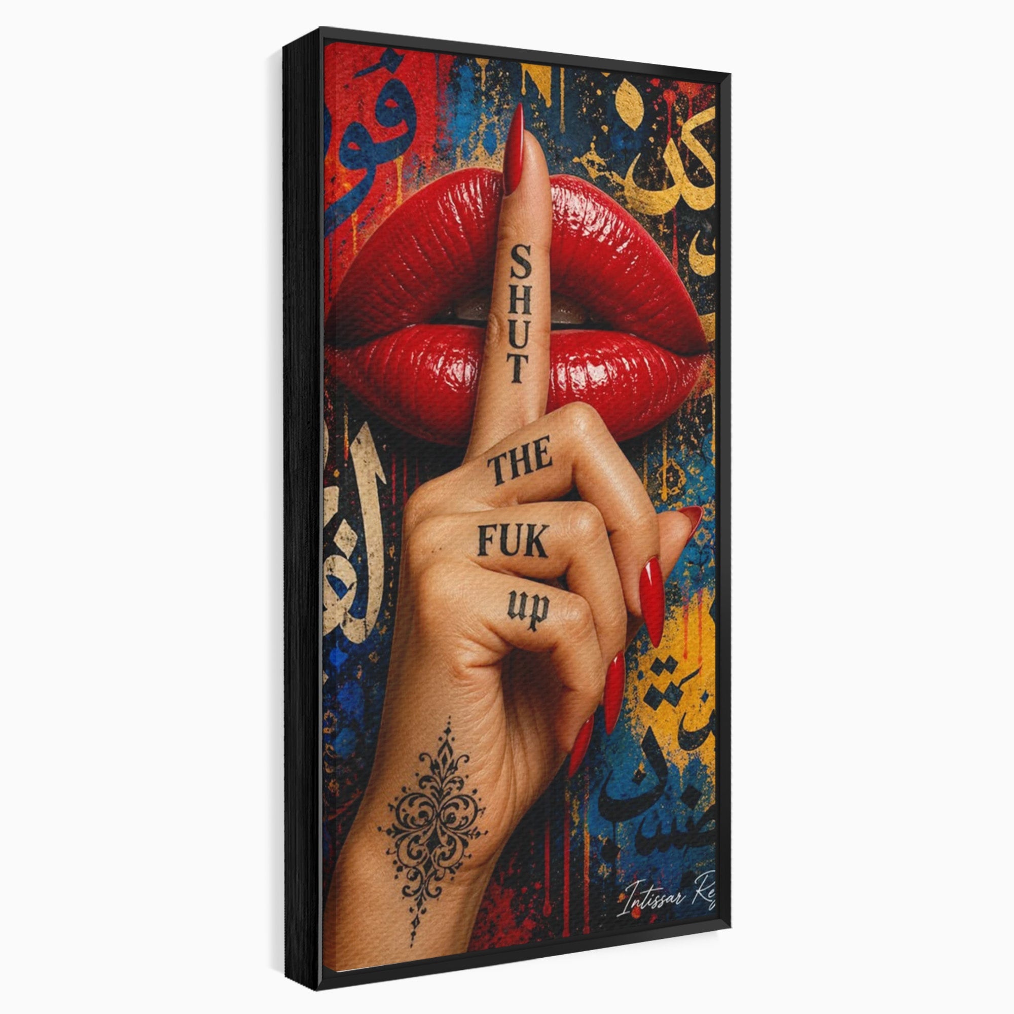 Tablou Canvas Premium LuxCanva® PI1037, Tacerea Rosie, Buze, Maini, Arta Urbana, Mesaj, Dormitor, Culori Vibrante