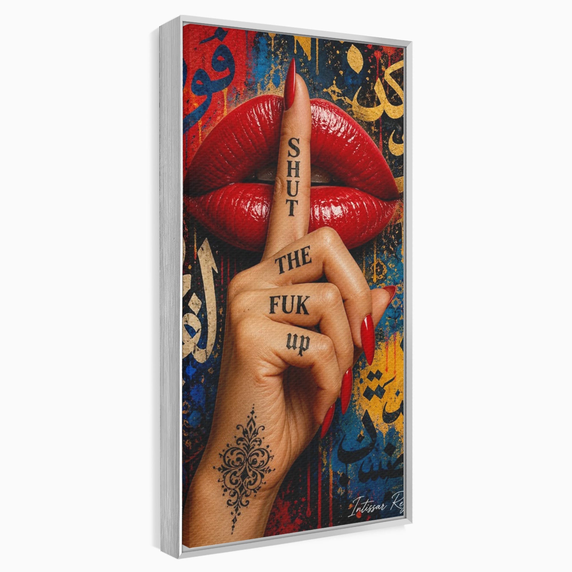 Tablou Canvas Premium LuxCanva® PI1037, Tacerea Rosie, Buze, Maini, Arta Urbana, Mesaj, Dormitor, Culori Vibrante