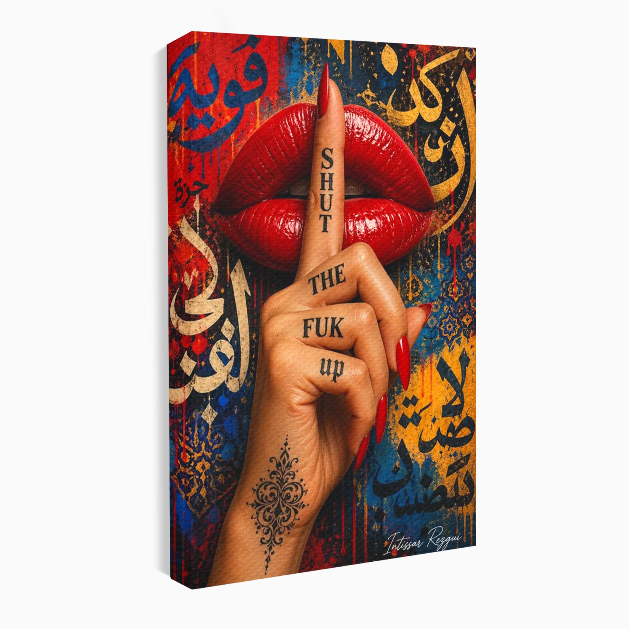 Tablou Canvas Premium LuxCanva® PI1037, Tacerea Rosie, Buze, Maini, Arta Urbana, Mesaj, Dormitor, Culori Vibrante