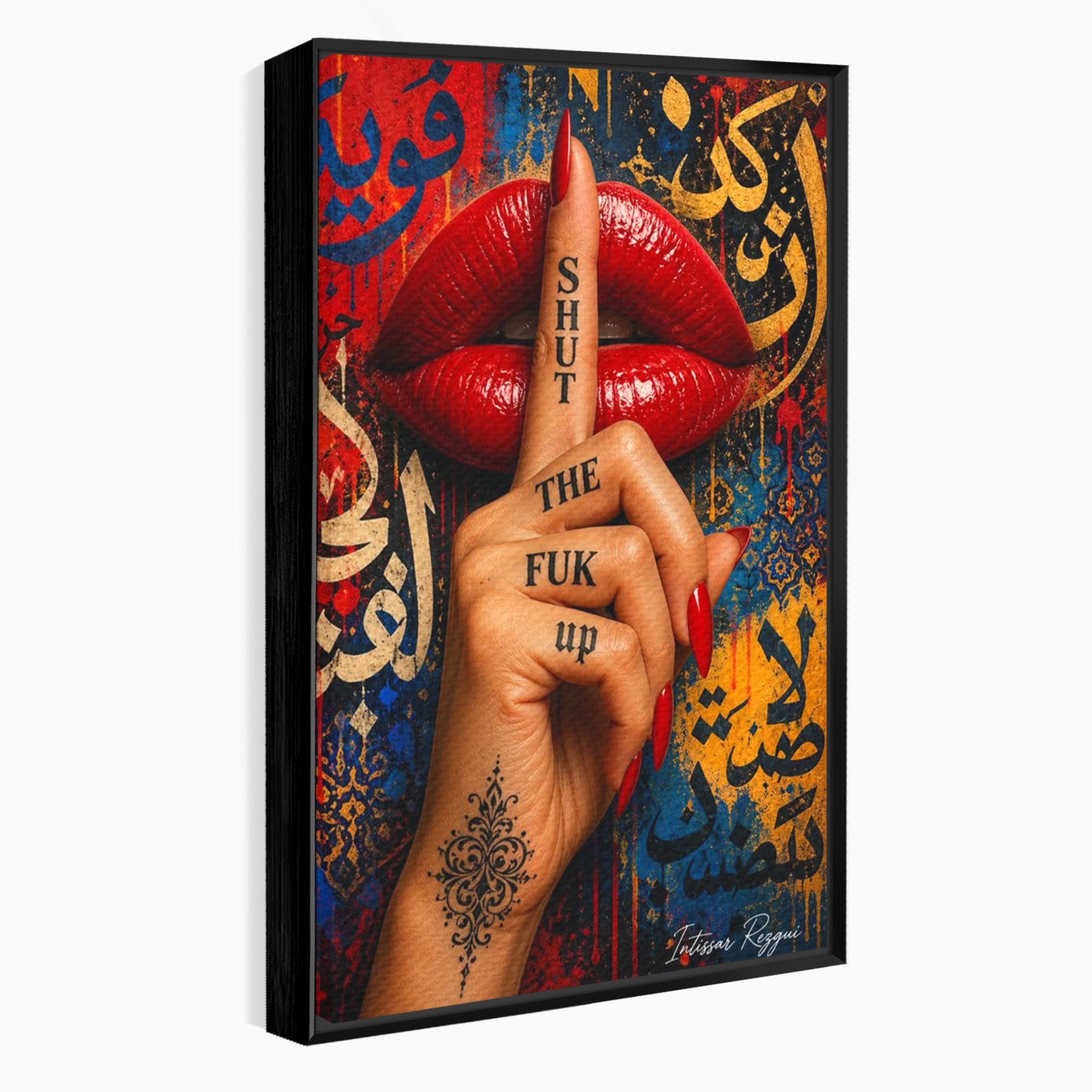 Tablou Canvas Premium LuxCanva® PI1037, Tacerea Rosie, Buze, Maini, Arta Urbana, Mesaj, Dormitor, Culori Vibrante