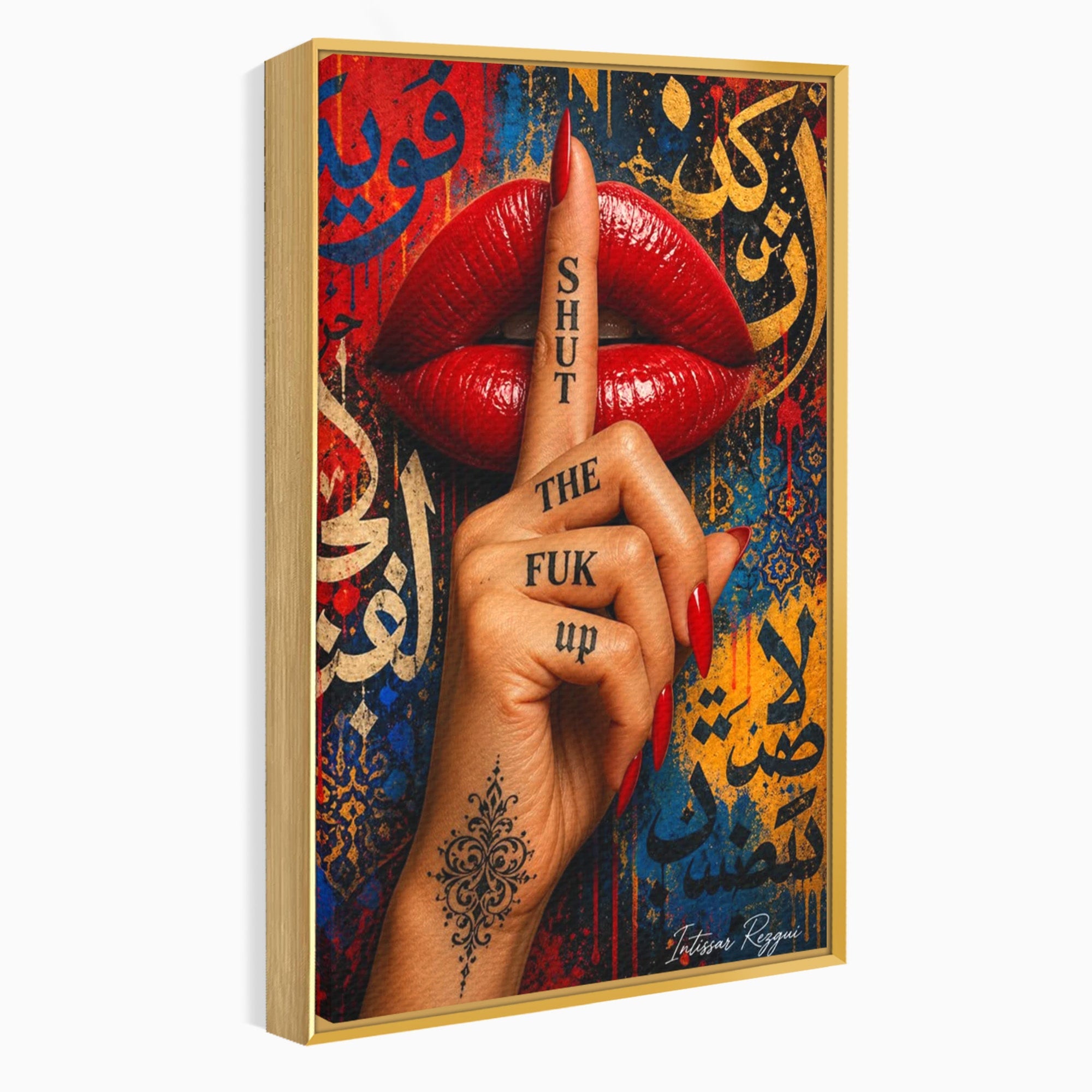 Tablou Canvas Premium LuxCanva® PI1037, Tacerea Rosie, Buze, Maini, Arta Urbana, Mesaj, Dormitor, Culori Vibrante