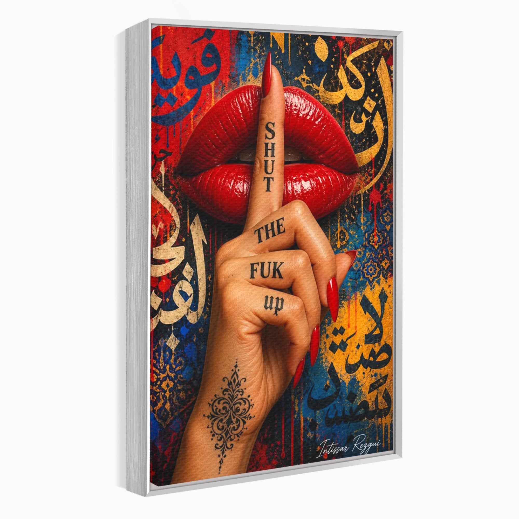Tablou Canvas Premium LuxCanva® PI1037, Tacerea Rosie, Buze, Maini, Arta Urbana, Mesaj, Dormitor, Culori Vibrante