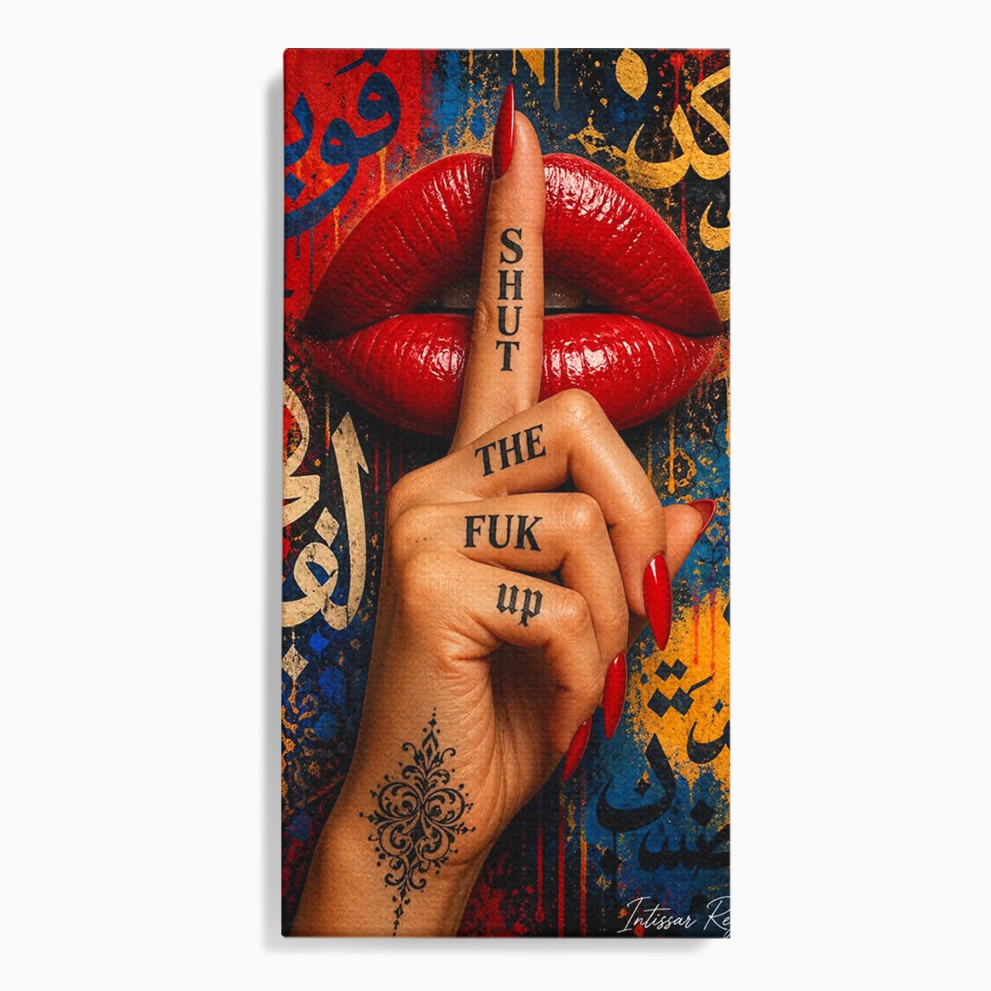 Tablou Canvas Premium LuxCanva® PI1037, Tacerea Rosie, Buze, Maini, Arta Urbana, Mesaj, Dormitor, Culori Vibrante