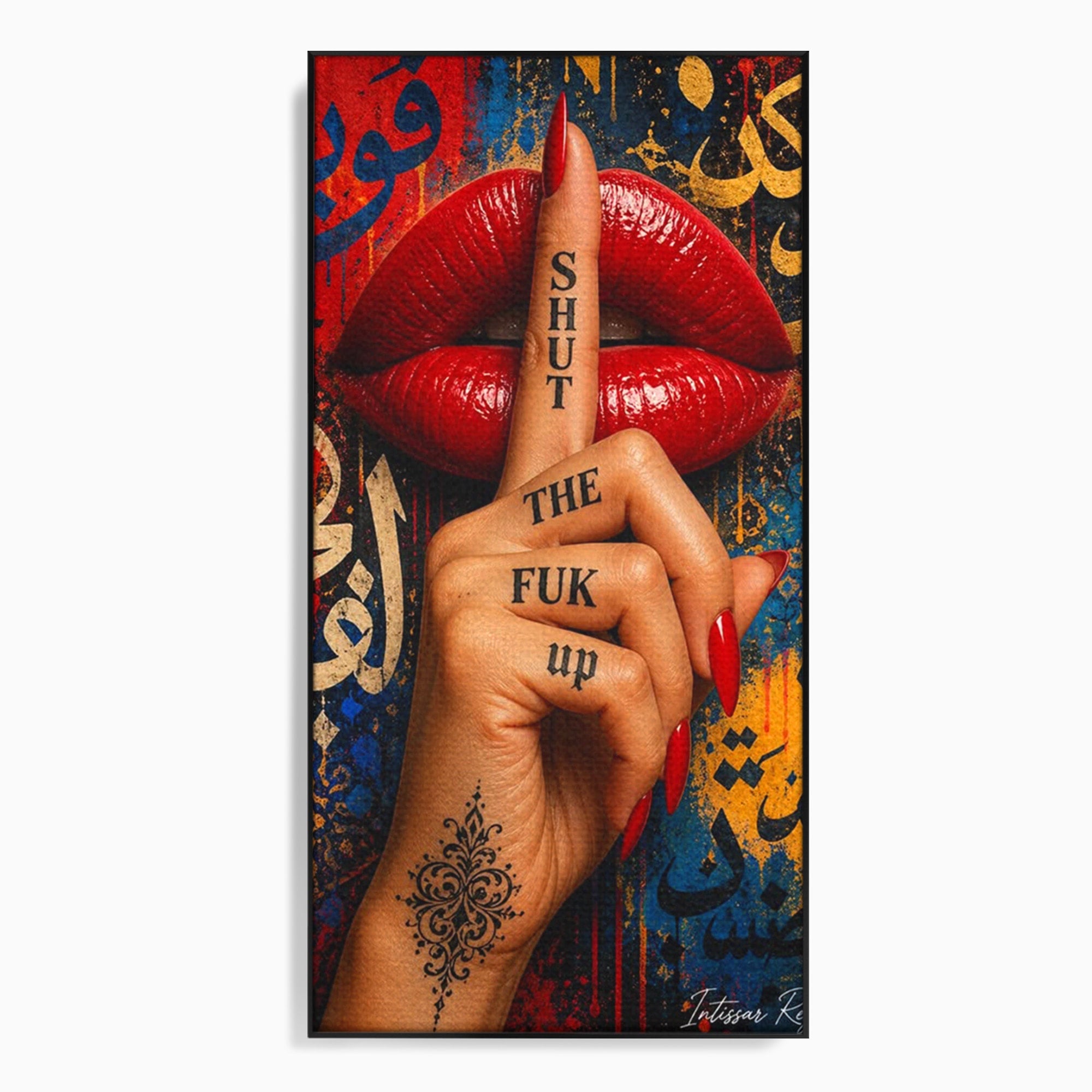 Tablou Canvas Premium LuxCanva® PI1037, Tacerea Rosie, Buze, Maini, Arta Urbana, Mesaj, Dormitor, Culori Vibrante