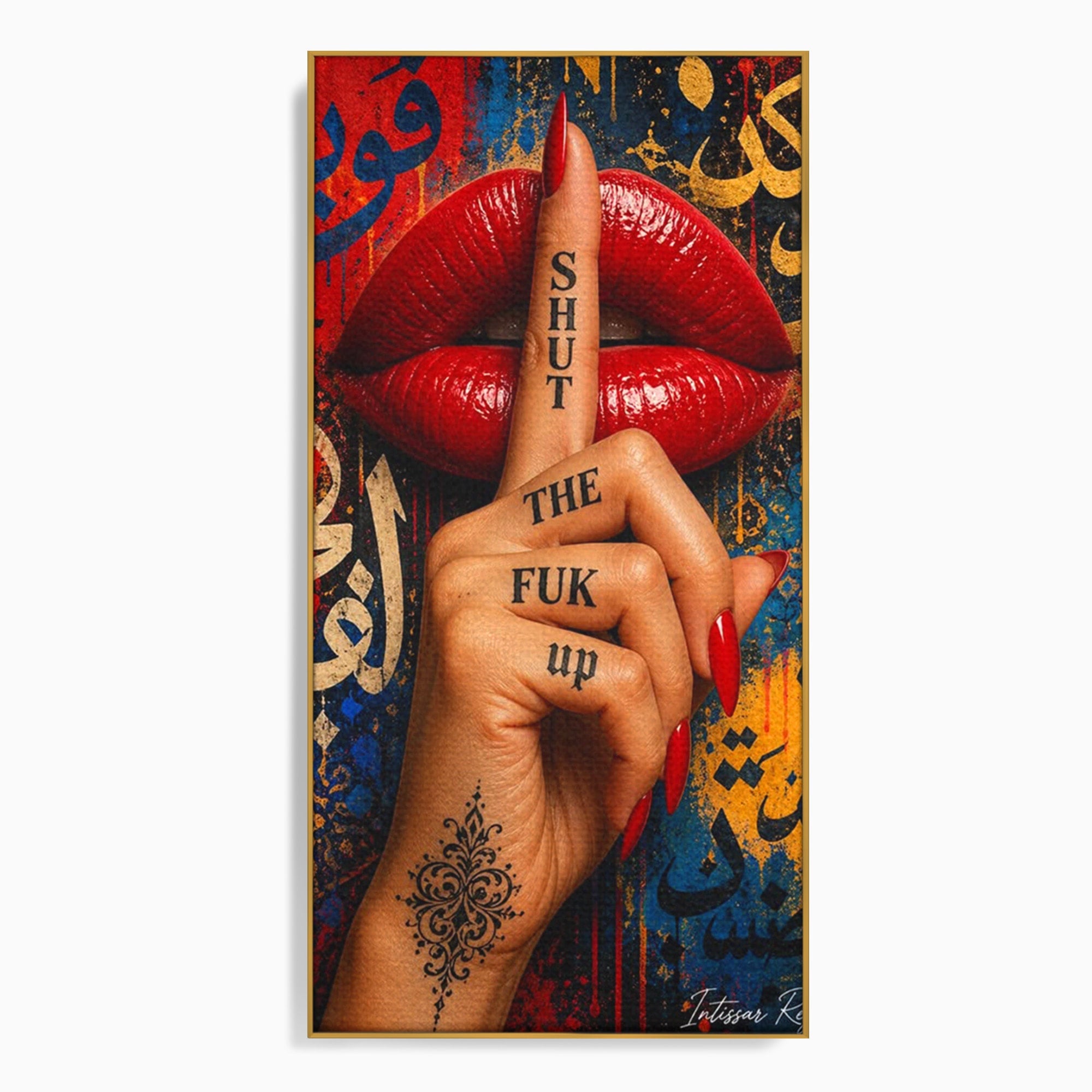 Tablou Canvas Premium LuxCanva® PI1037, Tacerea Rosie, Buze, Maini, Arta Urbana, Mesaj, Dormitor, Culori Vibrante