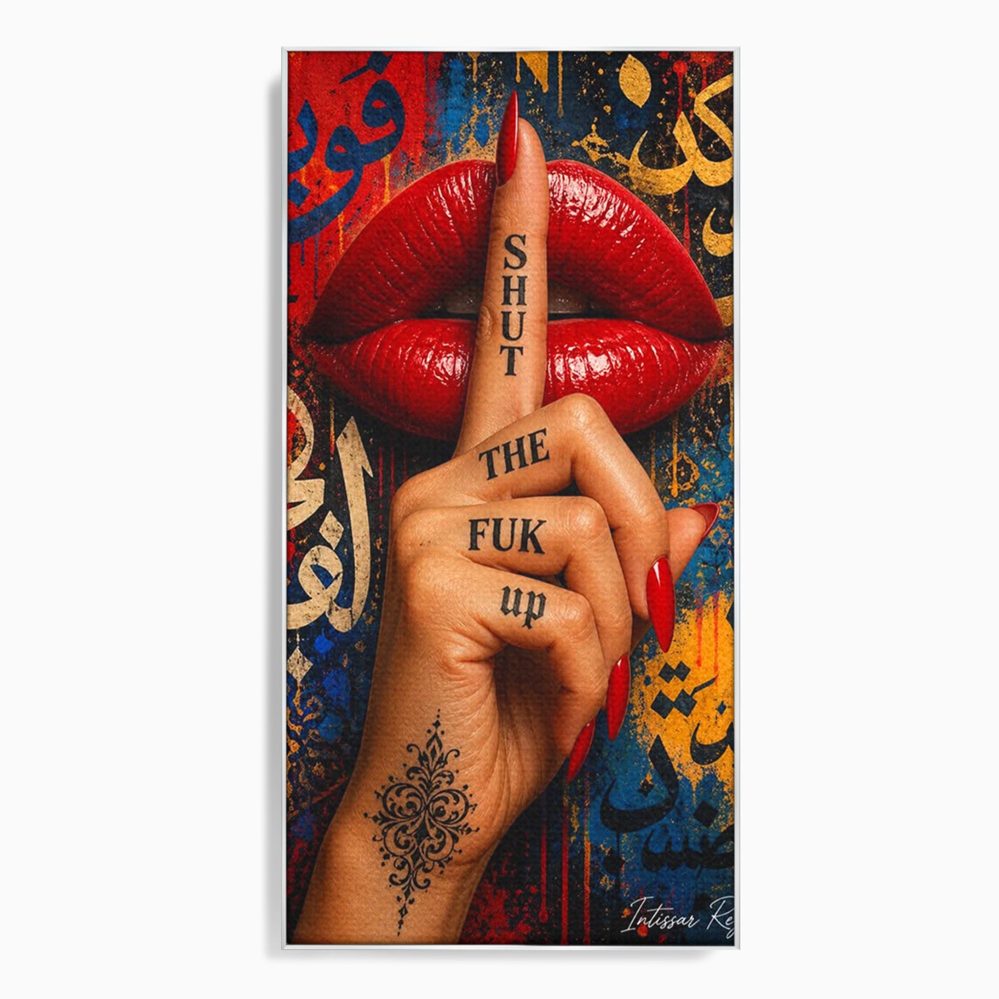 Tablou Canvas Premium LuxCanva® PI1037, Tacerea Rosie, Buze, Maini, Arta Urbana, Mesaj, Dormitor, Culori Vibrante