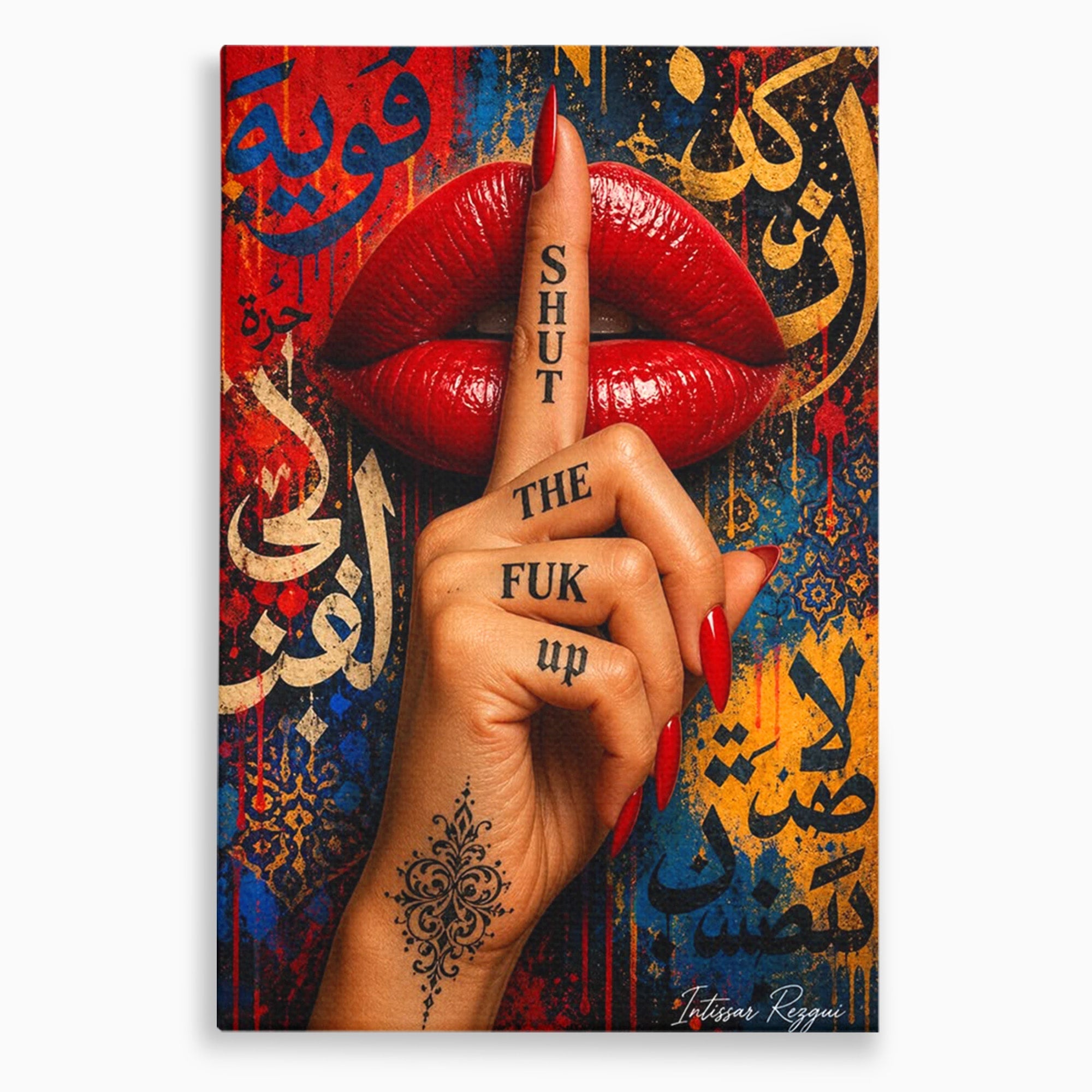 Tablou Canvas Premium LuxCanva® PI1037, Tacerea Rosie, Buze, Maini, Arta Urbana, Mesaj, Dormitor, Culori Vibrante