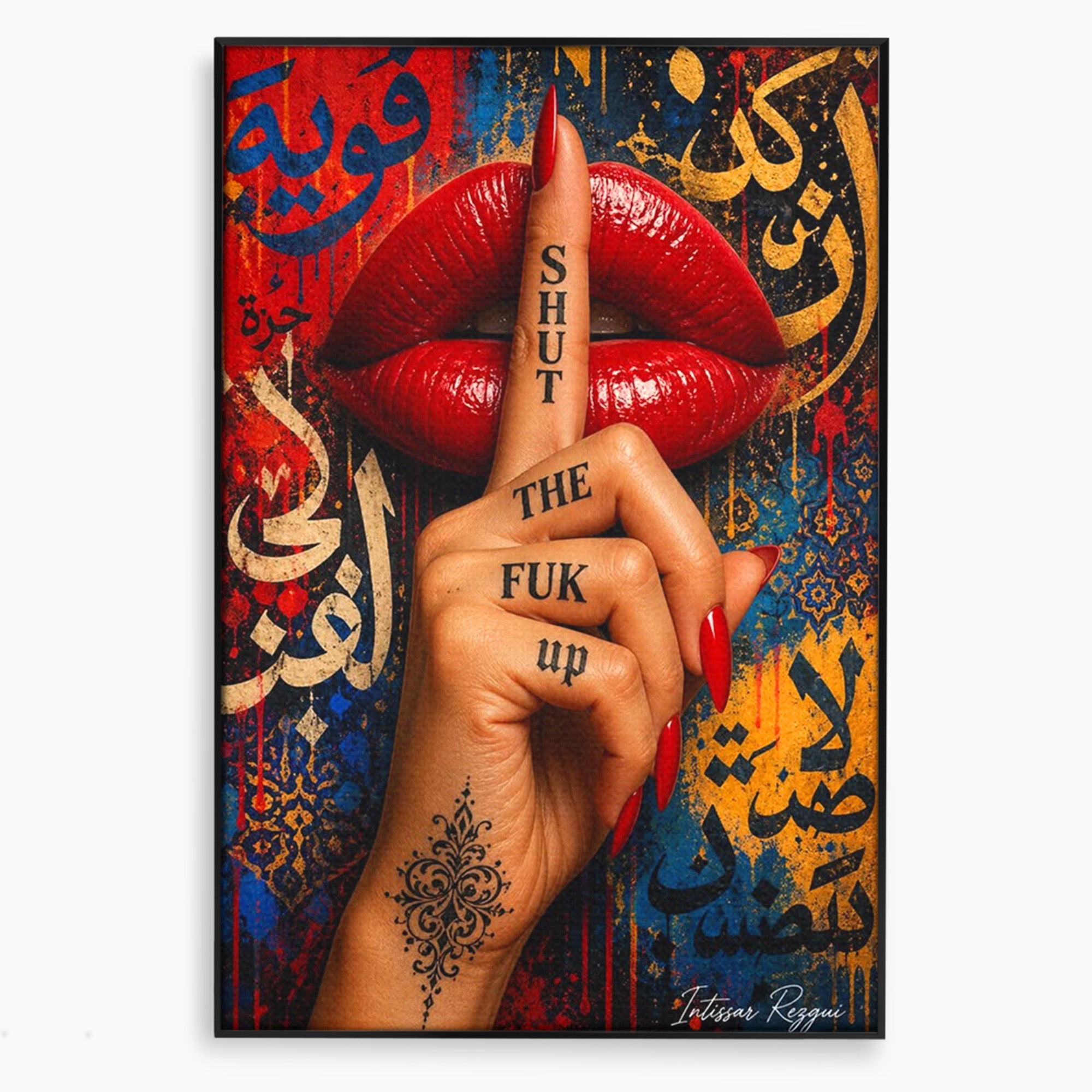 Tablou Canvas Premium LuxCanva® PI1037, Tacerea Rosie, Buze, Maini, Arta Urbana, Mesaj, Dormitor, Culori Vibrante