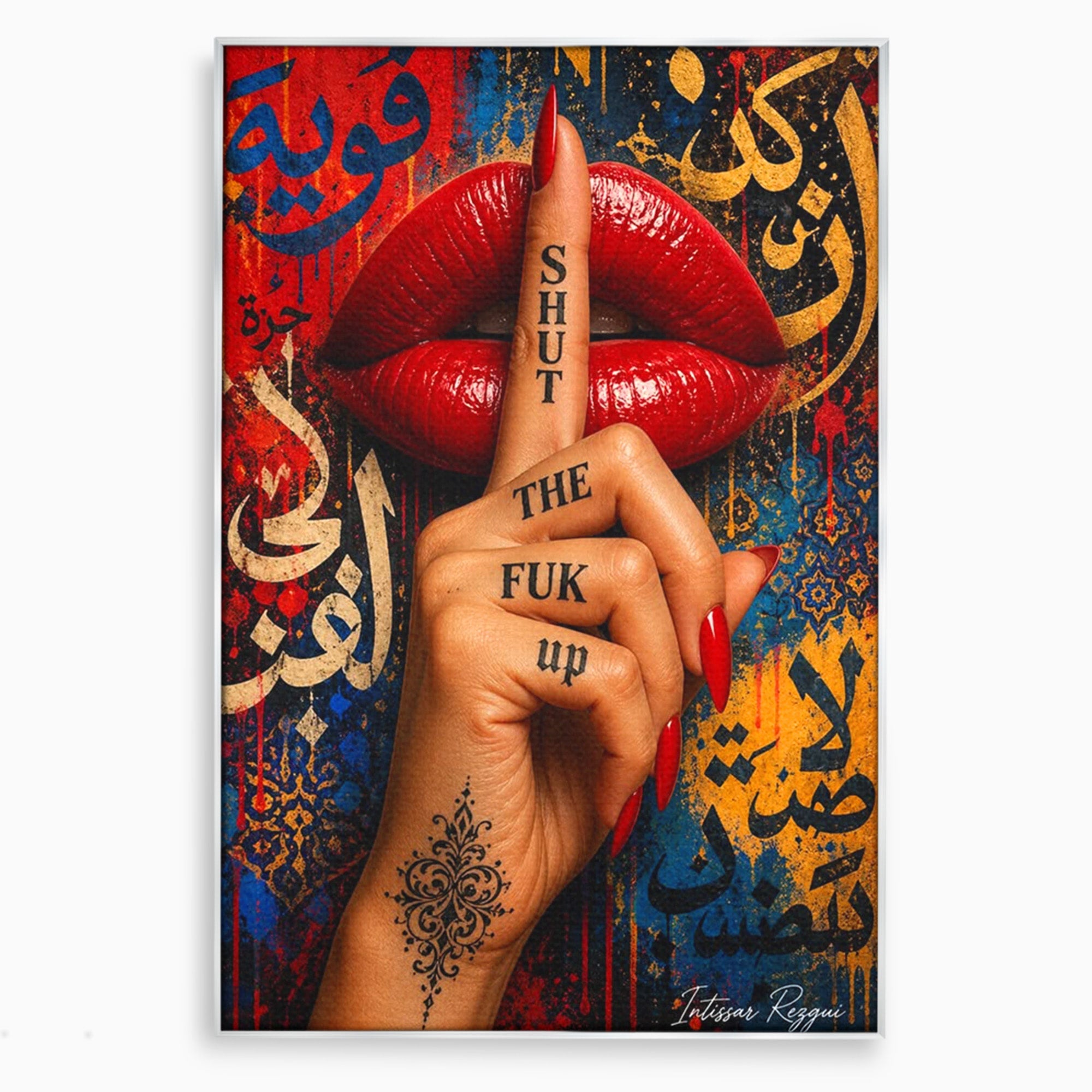 Tablou Canvas Premium LuxCanva® PI1037, Tacerea Rosie, Buze, Maini, Arta Urbana, Mesaj, Dormitor, Culori Vibrante