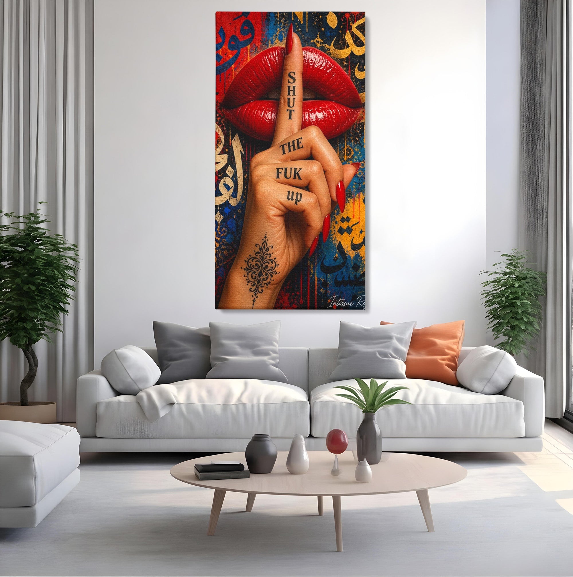 Tablou Canvas Premium LuxCanva® PI1037, Tacerea Rosie, Buze, Maini, Arta Urbana, Mesaj, Dormitor, Culori Vibrante