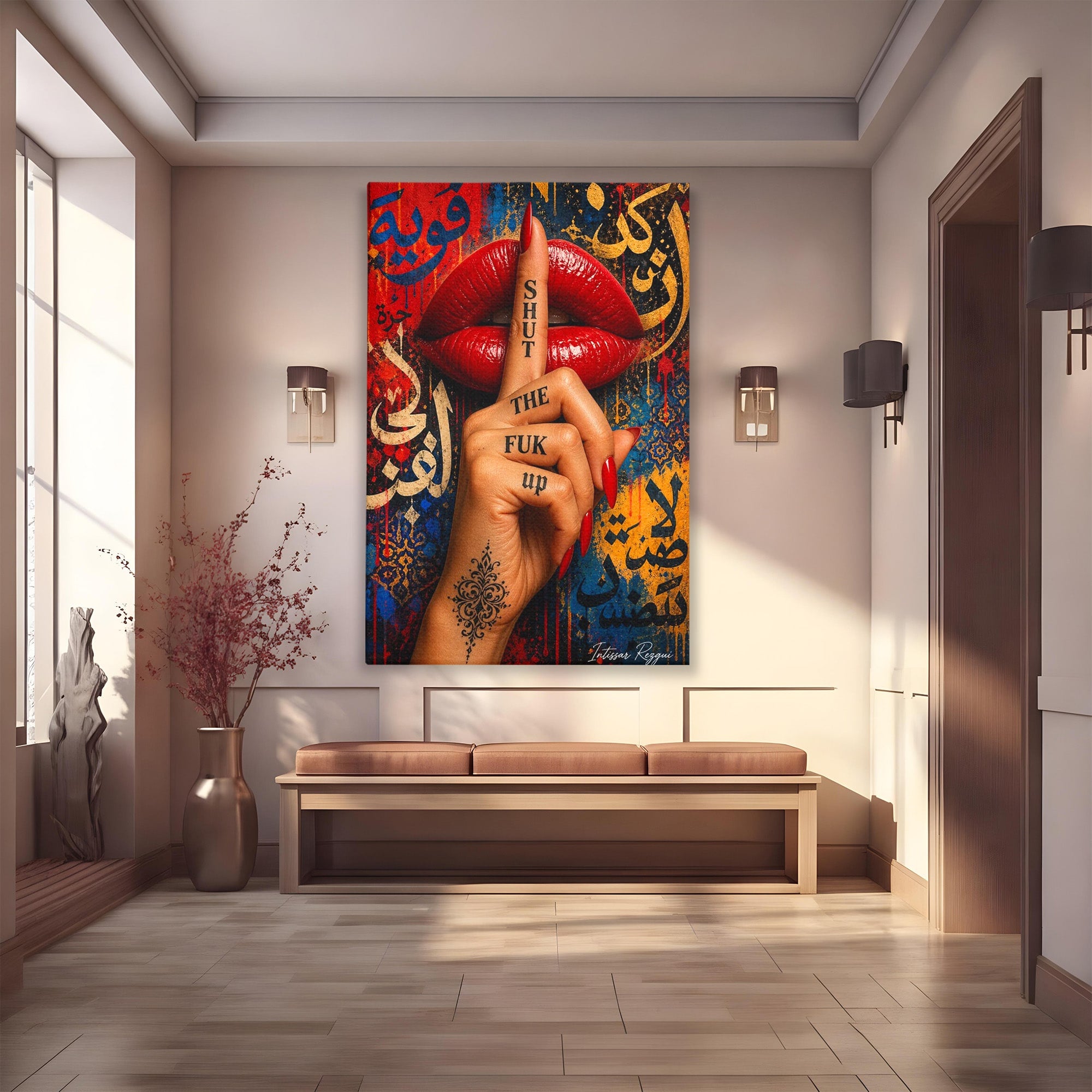 Tablou Canvas Premium LuxCanva® PI1037, Tacerea Rosie, Buze, Maini, Arta Urbana, Mesaj, Dormitor, Culori Vibrante