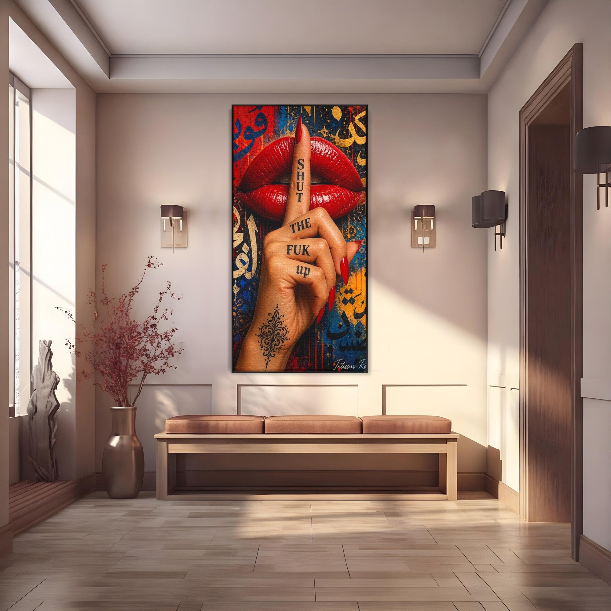 Tablou Canvas Premium LuxCanva® PI1037, Tacerea Rosie, Buze, Maini, Arta Urbana, Mesaj, Dormitor, Culori Vibrante