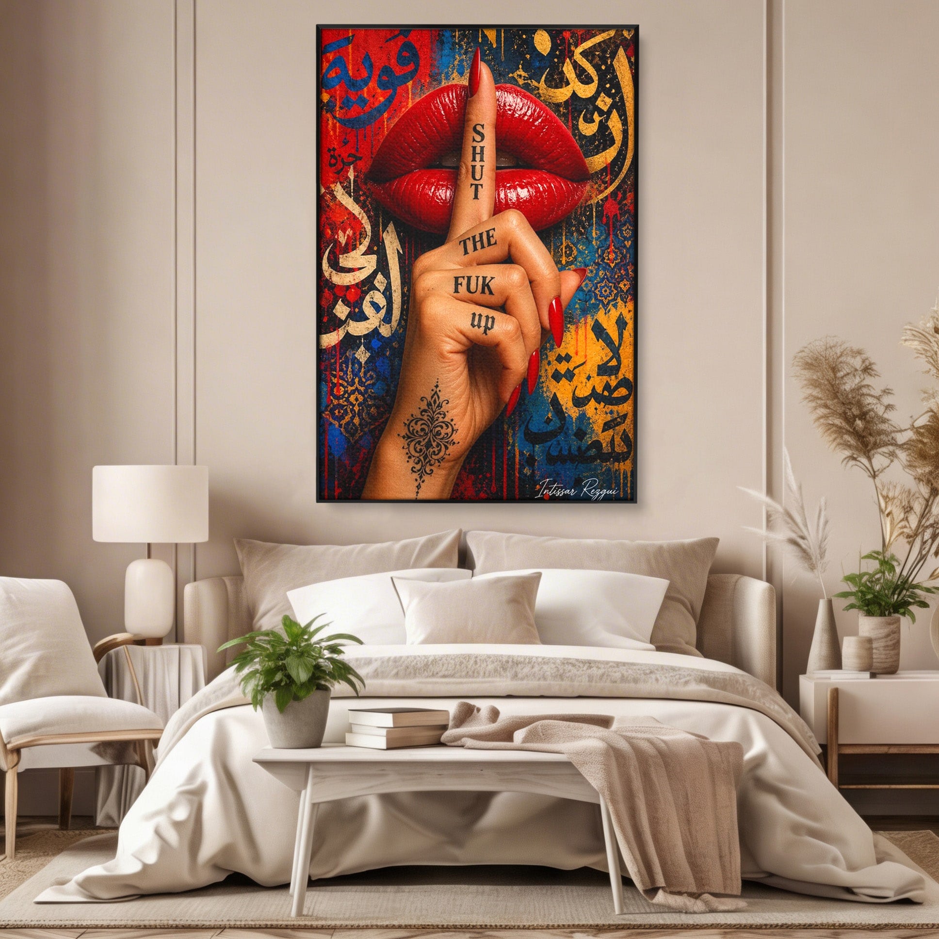 Tablou Canvas Premium LuxCanva® PI1037, Tacerea Rosie, Buze, Maini, Arta Urbana, Mesaj, Dormitor, Culori Vibrante