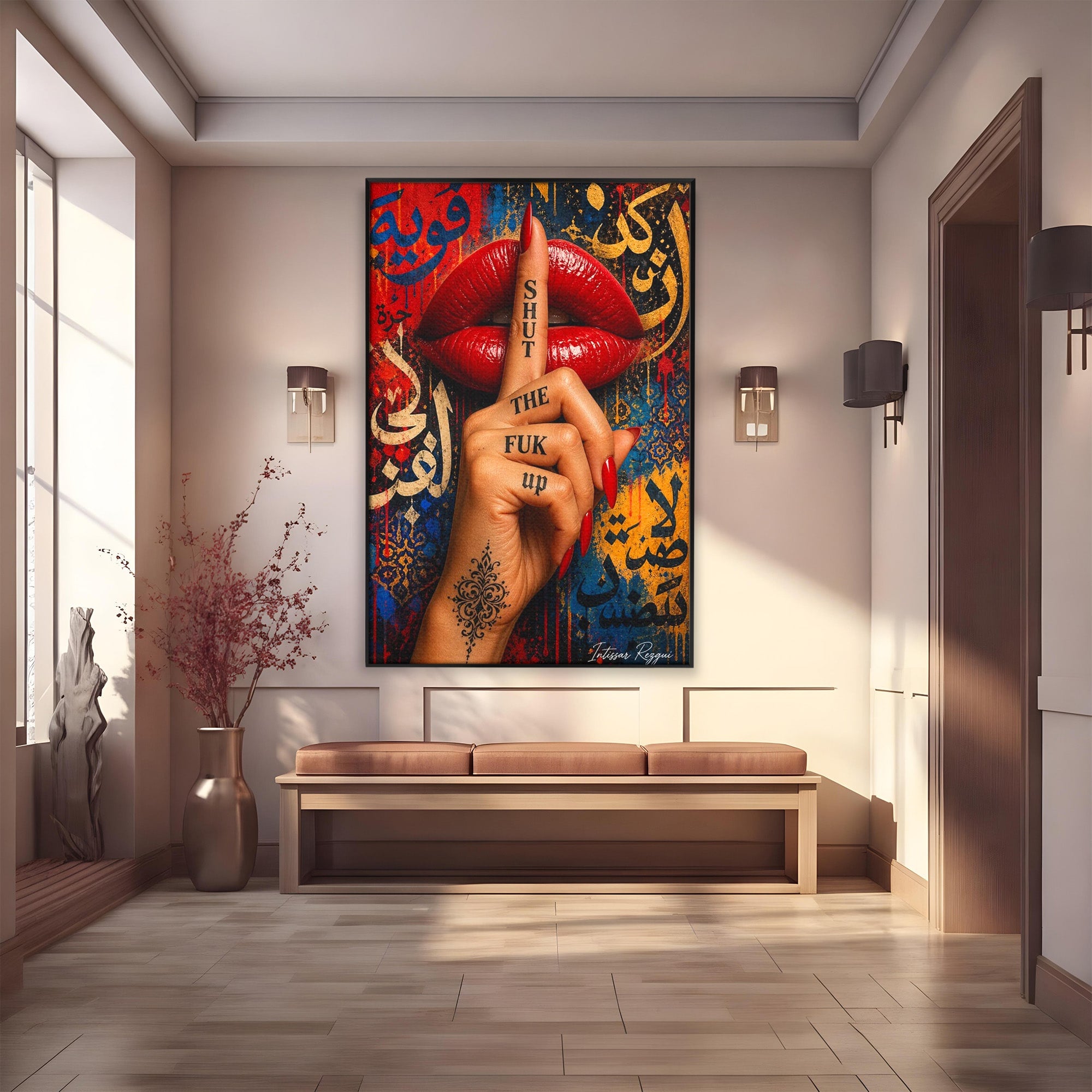 Tablou Canvas Premium LuxCanva® PI1037, Tacerea Rosie, Buze, Maini, Arta Urbana, Mesaj, Dormitor, Culori Vibrante