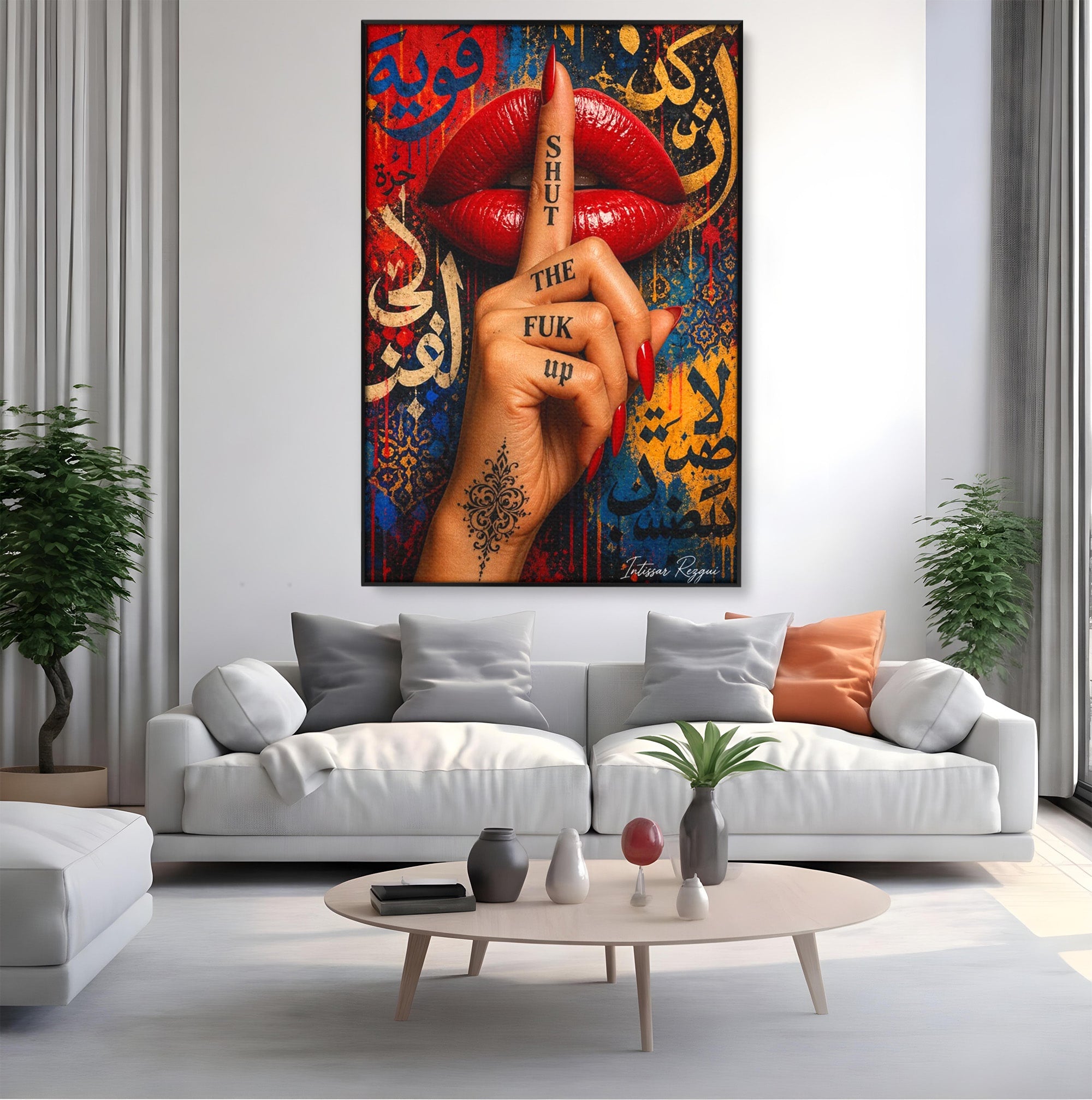 Tablou Canvas Premium LuxCanva® PI1037, Tacerea Rosie, Buze, Maini, Arta Urbana, Mesaj, Dormitor, Culori Vibrante
