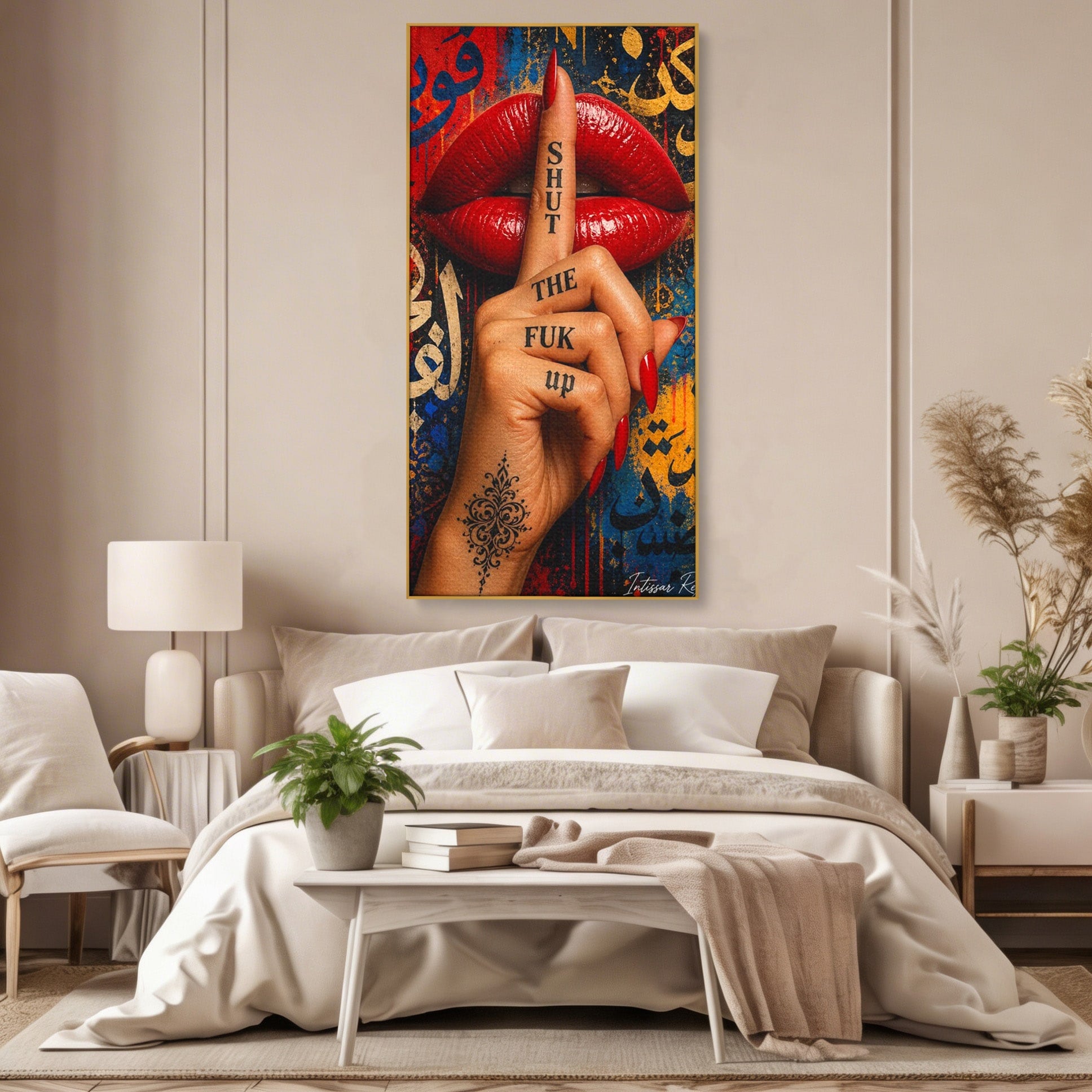 Tablou Canvas Premium LuxCanva® PI1037, Tacerea Rosie, Buze, Maini, Arta Urbana, Mesaj, Dormitor, Culori Vibrante