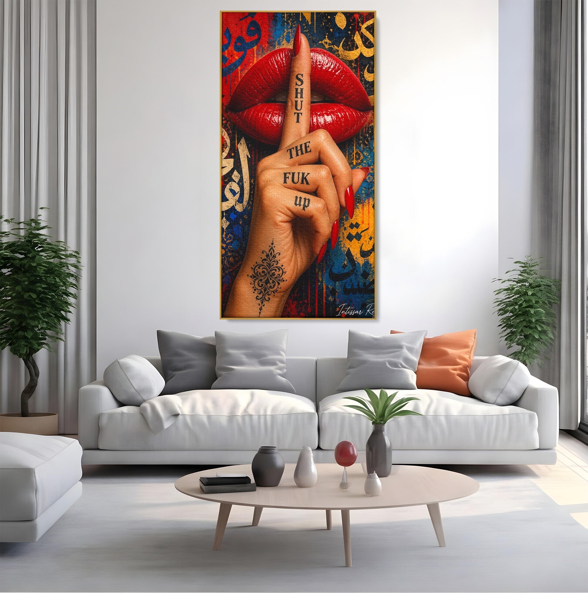 Tablou Canvas Premium LuxCanva® PI1037, Tacerea Rosie, Buze, Maini, Arta Urbana, Mesaj, Dormitor, Culori Vibrante