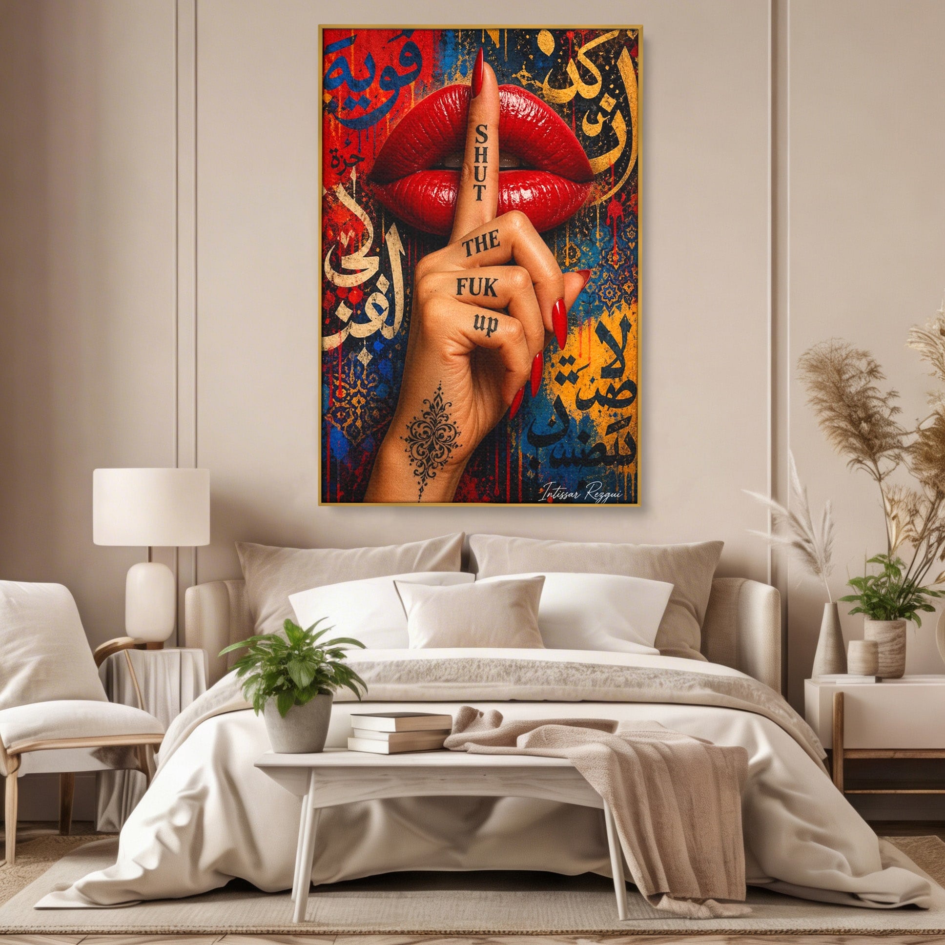 Tablou Canvas Premium LuxCanva® PI1037, Tacerea Rosie, Buze, Maini, Arta Urbana, Mesaj, Dormitor, Culori Vibrante