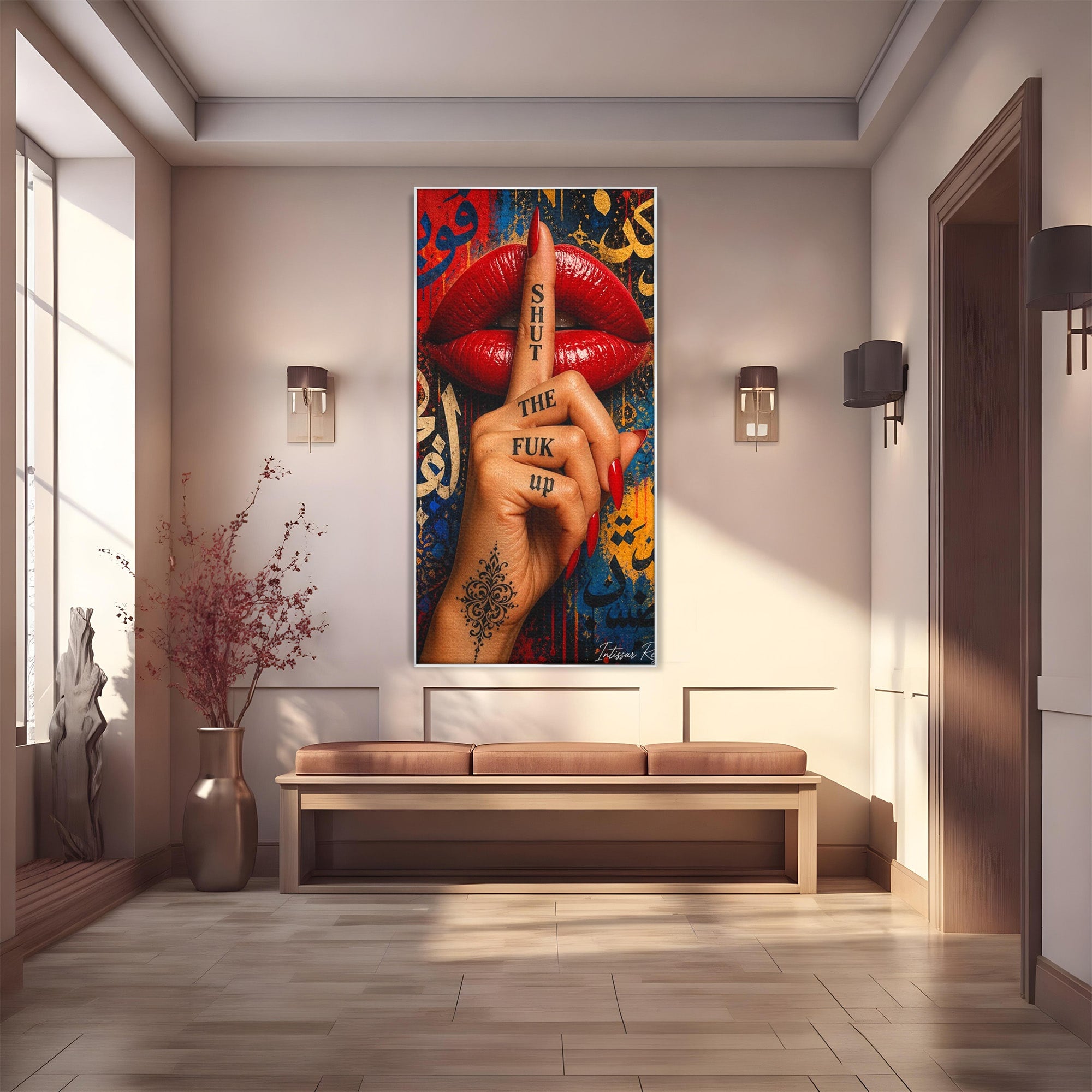 Tablou Canvas Premium LuxCanva® PI1037, Tacerea Rosie, Buze, Maini, Arta Urbana, Mesaj, Dormitor, Culori Vibrante