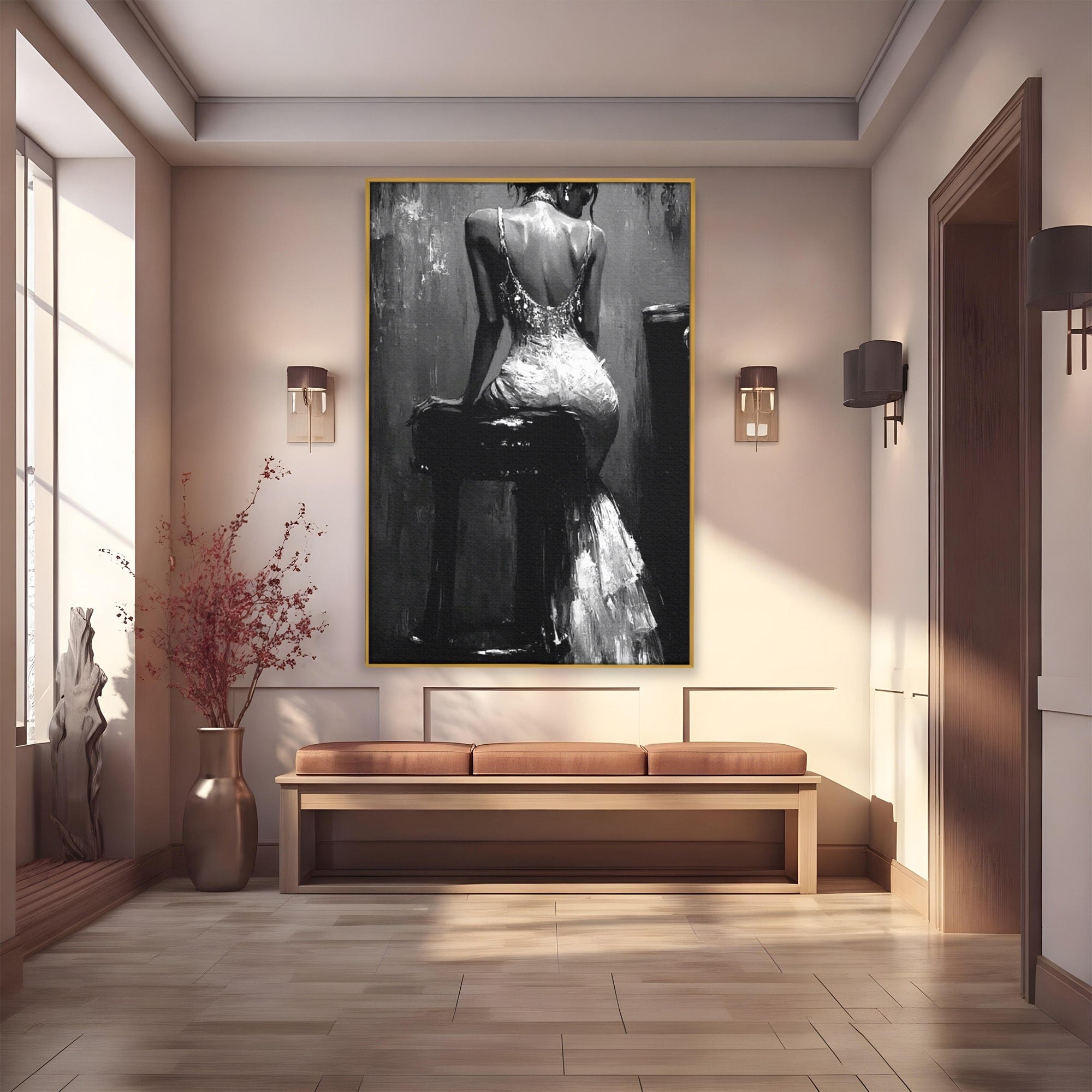 Tablou Canvas Premium LuxCanva® PI1043, Eleganta In Negru, Femeie, Eleganta, Portret, Arta, Dormitor, Culori Vibrante