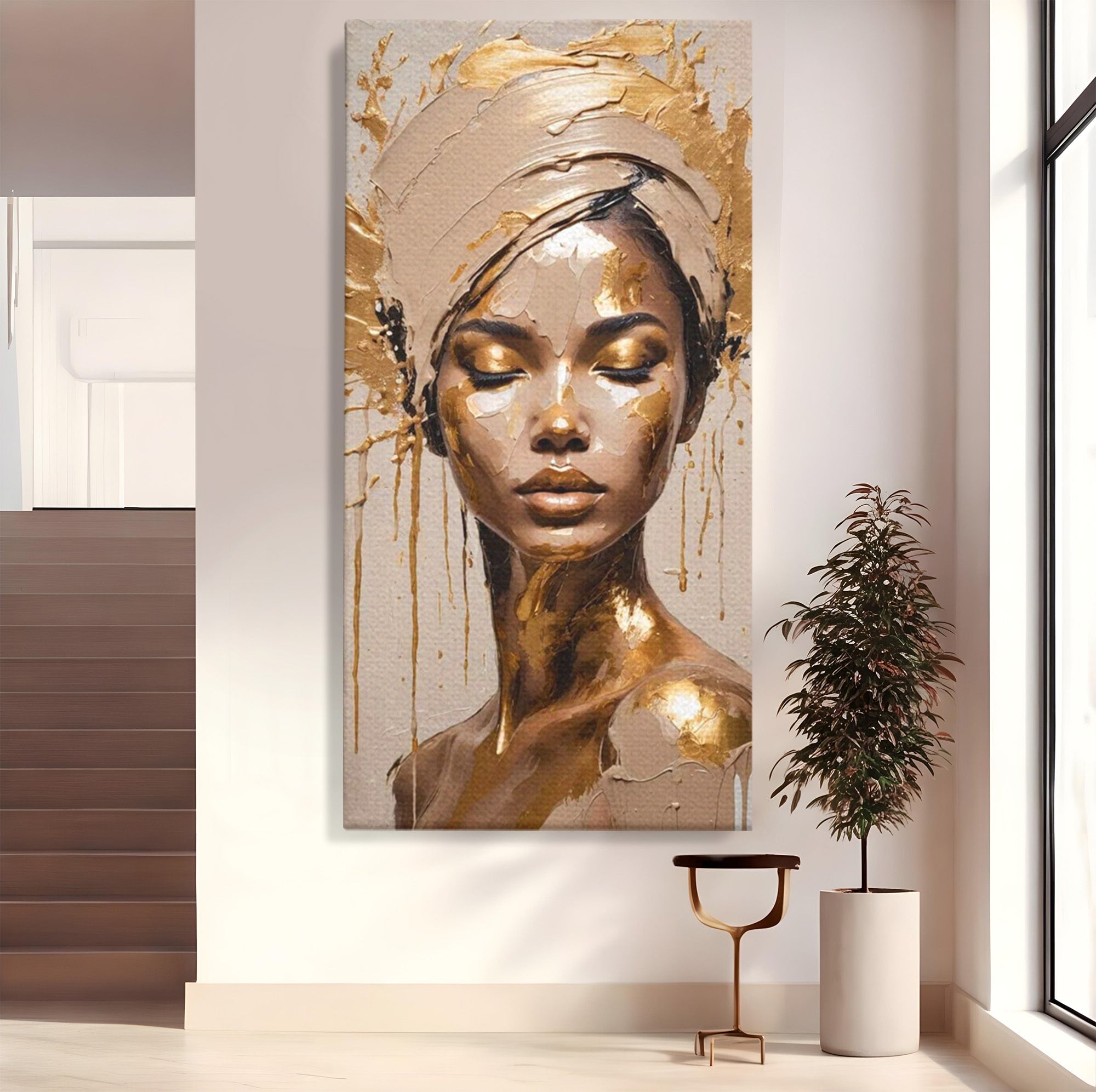 Tablou Canvas Premium LuxCanva® PI1046, Portret Regal, Stralucire, Femeie, Turban, Arta Abstracta, Eleganta, Dormitor, Culori Vibrante