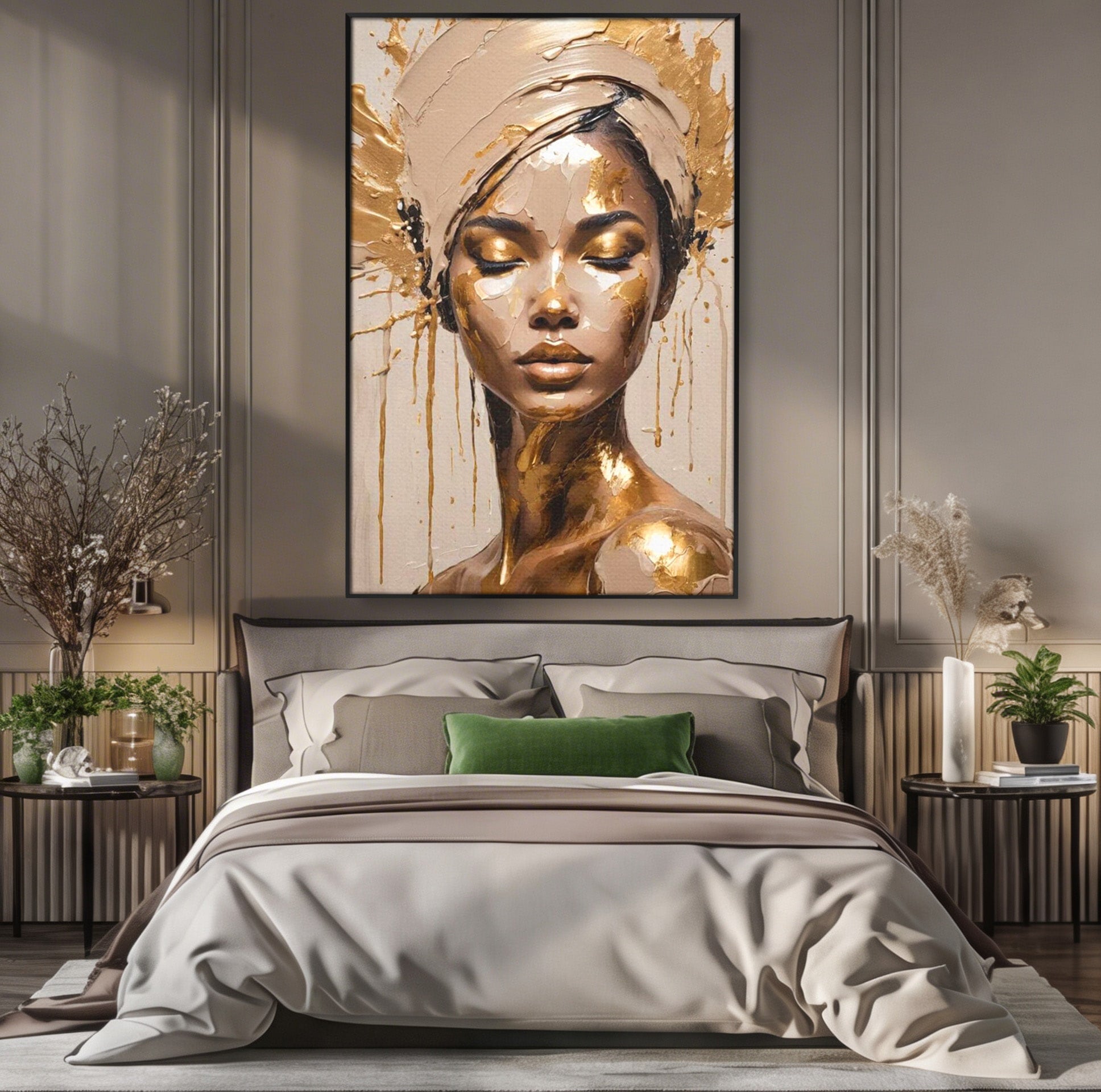 Tablou Canvas Premium LuxCanva® PI1046, Portret Regal, Stralucire, Femeie, Turban, Arta Abstracta, Eleganta, Dormitor, Culori Vibrante