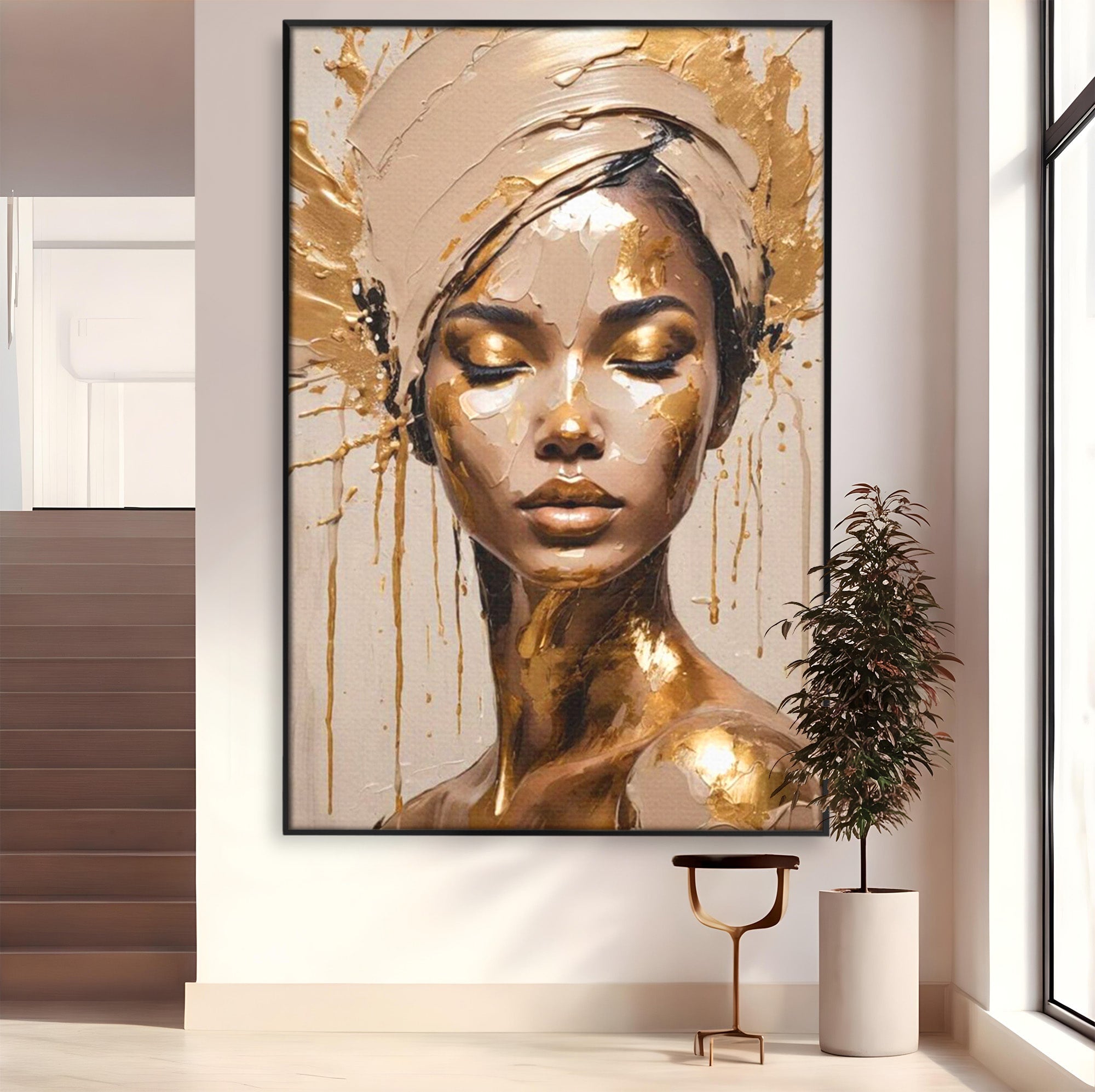 Tablou Canvas Premium LuxCanva® PI1046, Portret Regal, Stralucire, Femeie, Turban, Arta Abstracta, Eleganta, Dormitor, Culori Vibrante