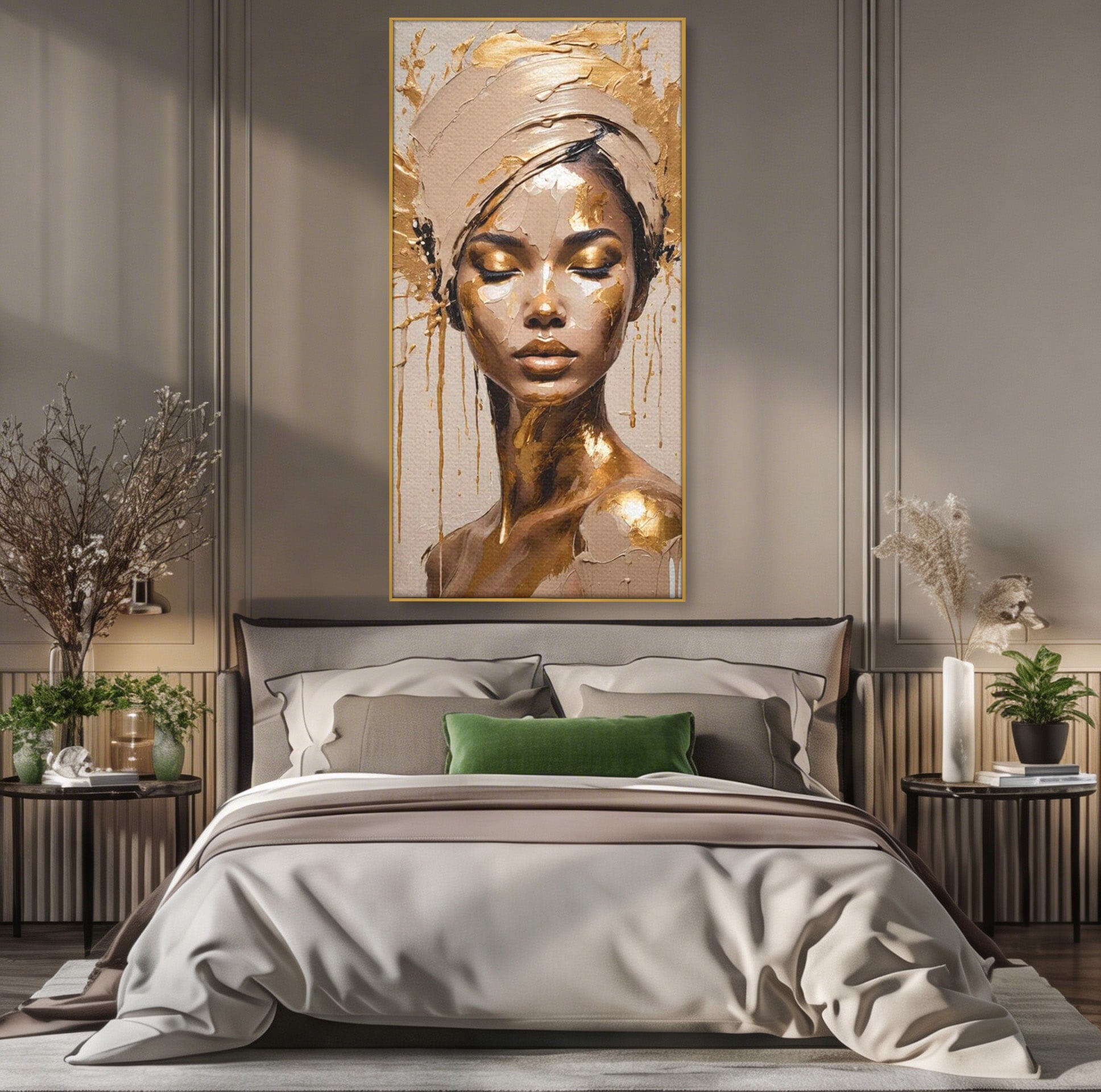 Tablou Canvas Premium LuxCanva® PI1046, Portret Regal, Stralucire, Femeie, Turban, Arta Abstracta, Eleganta, Dormitor, Culori Vibrante