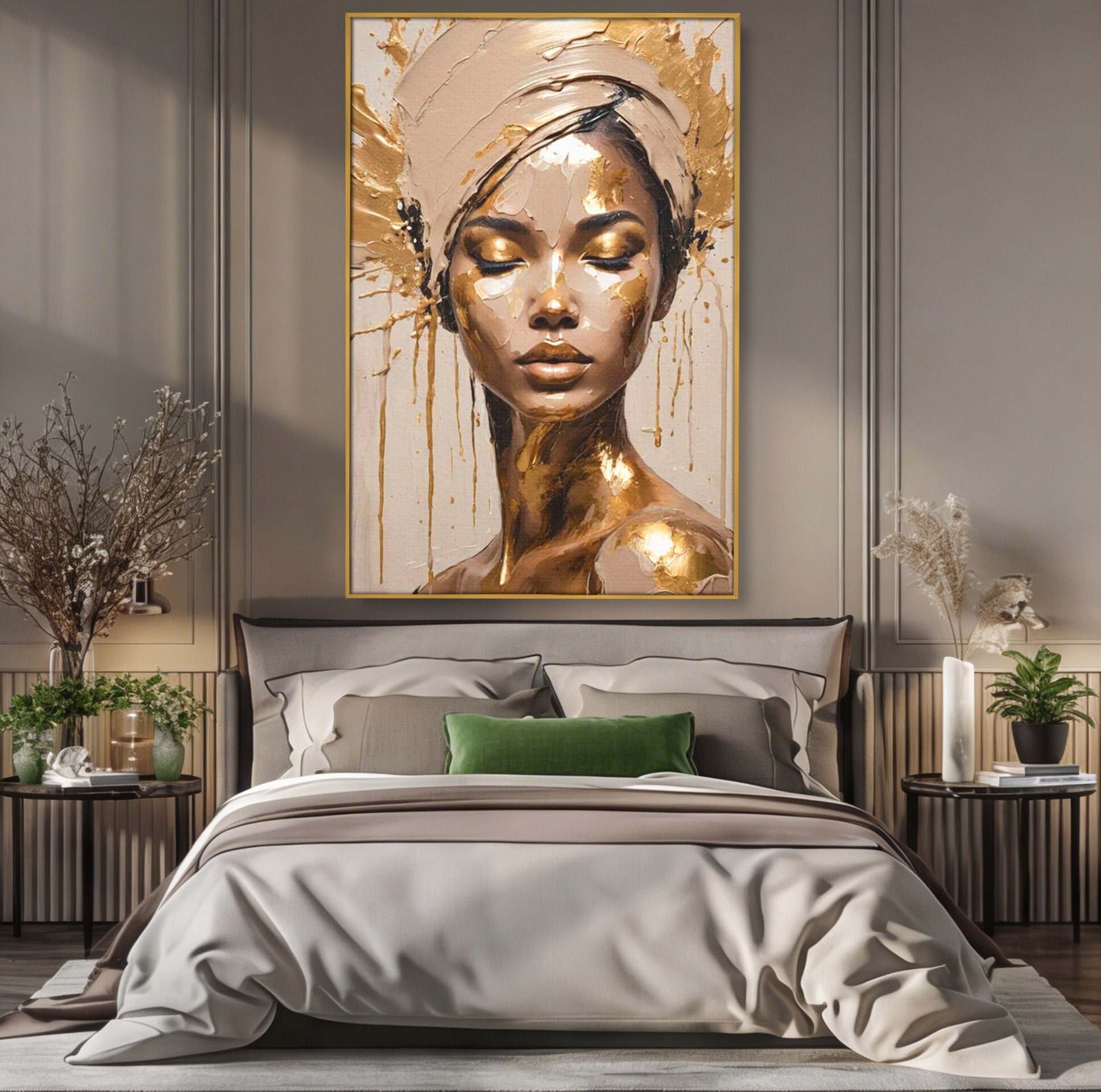 Tablou Canvas Premium LuxCanva® PI1046, Portret Regal, Stralucire, Femeie, Turban, Arta Abstracta, Eleganta, Dormitor, Culori Vibrante