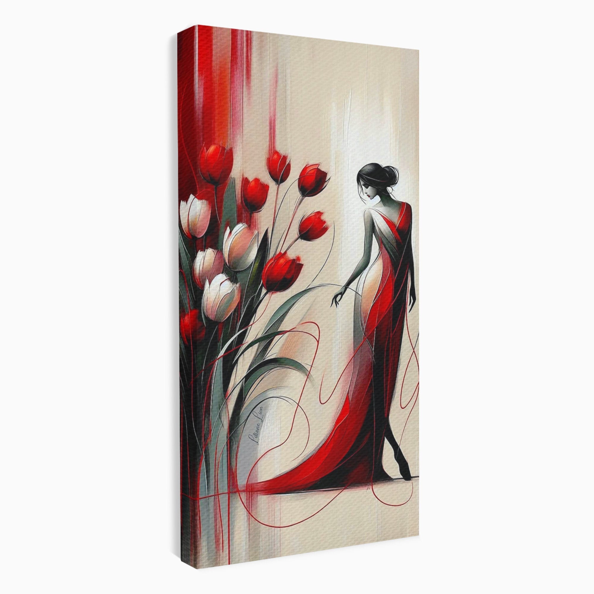Tablou Canvas Premium LuxCanva® PI1047, Dansul Lalelelor, Flori, Femeie, Eleganta, Living, Arta, Culori Vibrante