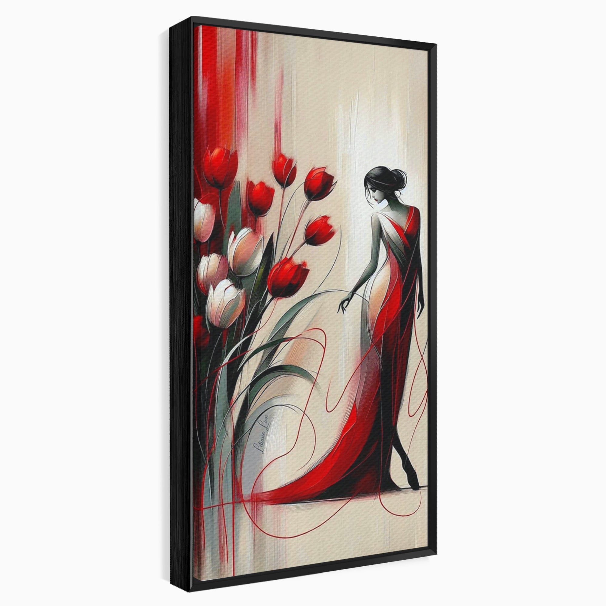 Tablou Canvas Premium LuxCanva® PI1047, Dansul Lalelelor, Flori, Femeie, Eleganta, Living, Arta, Culori Vibrante