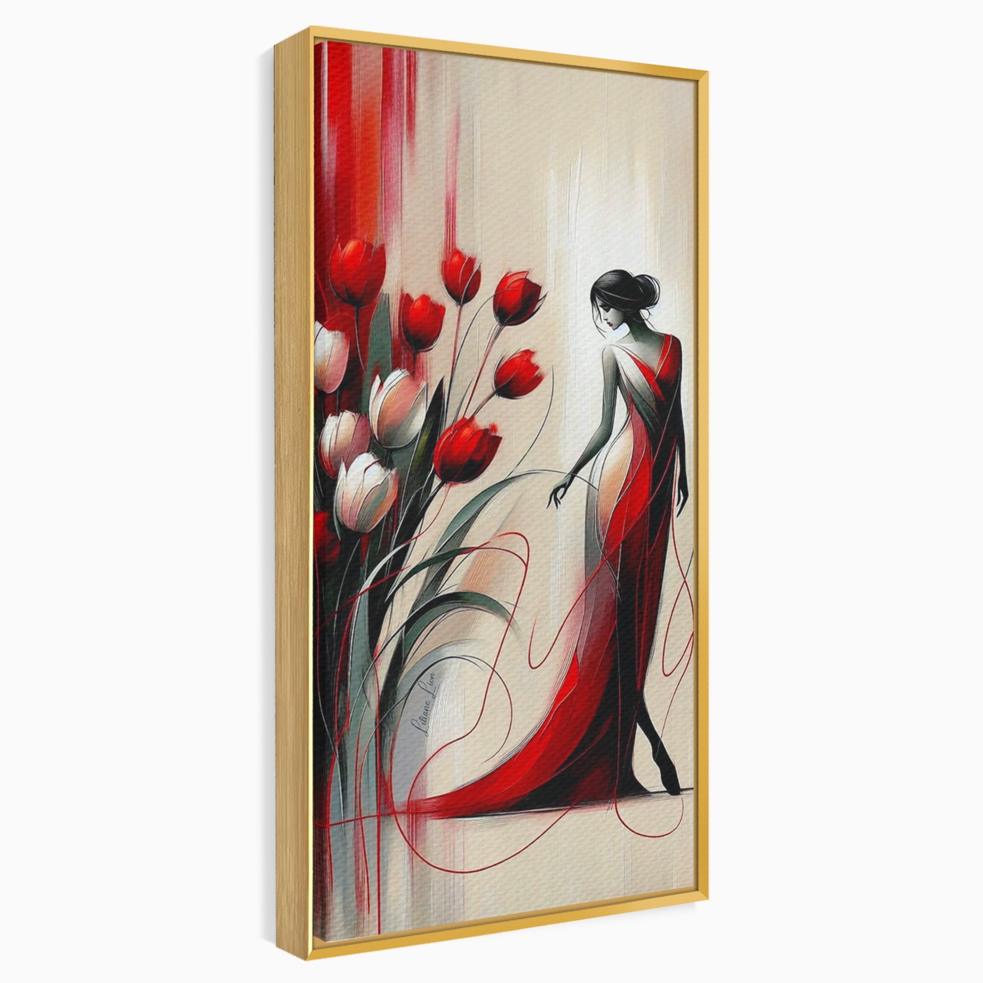 Tablou Canvas Premium LuxCanva® PI1047, Dansul Lalelelor, Flori, Femeie, Eleganta, Living, Arta, Culori Vibrante